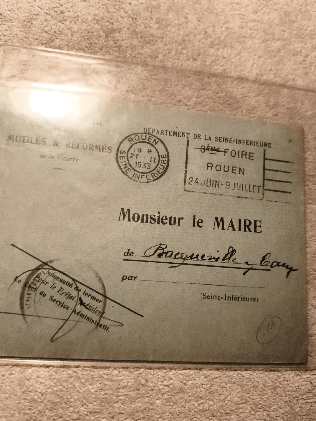 Lettre administrative Rouen 1933 cachet Foire Seine-Inférieure philatélie
