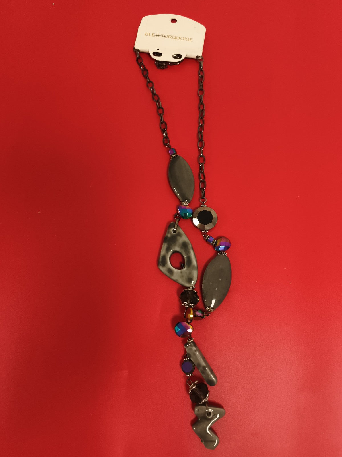 Collier vintage BLEU TURQUOISE pendentifs noirs, deadstock fantaisie moderne