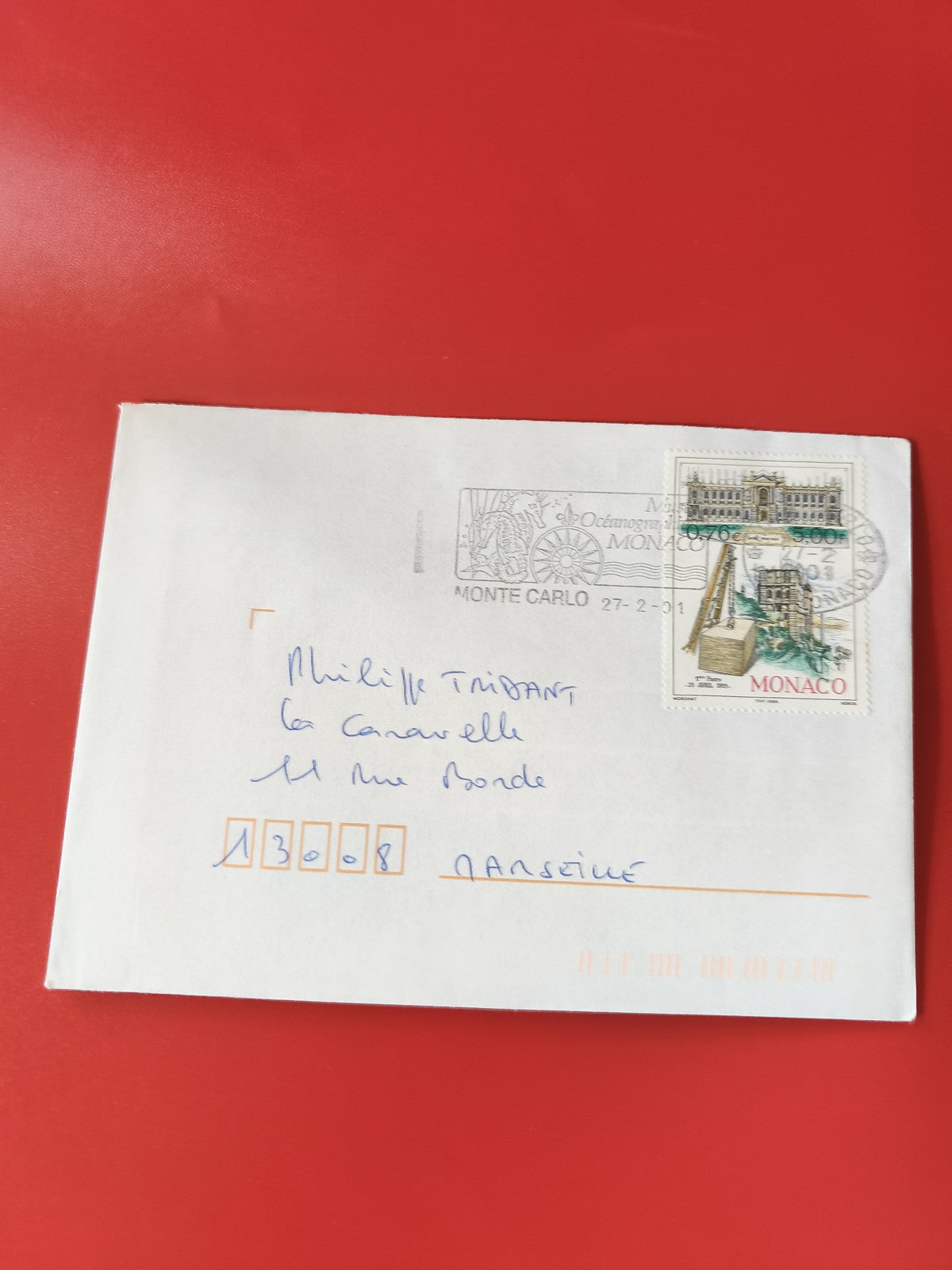 Enveloppe affranchie Monaco timbre 3,70?, cachet Monte Carlo, écriture manuscrit