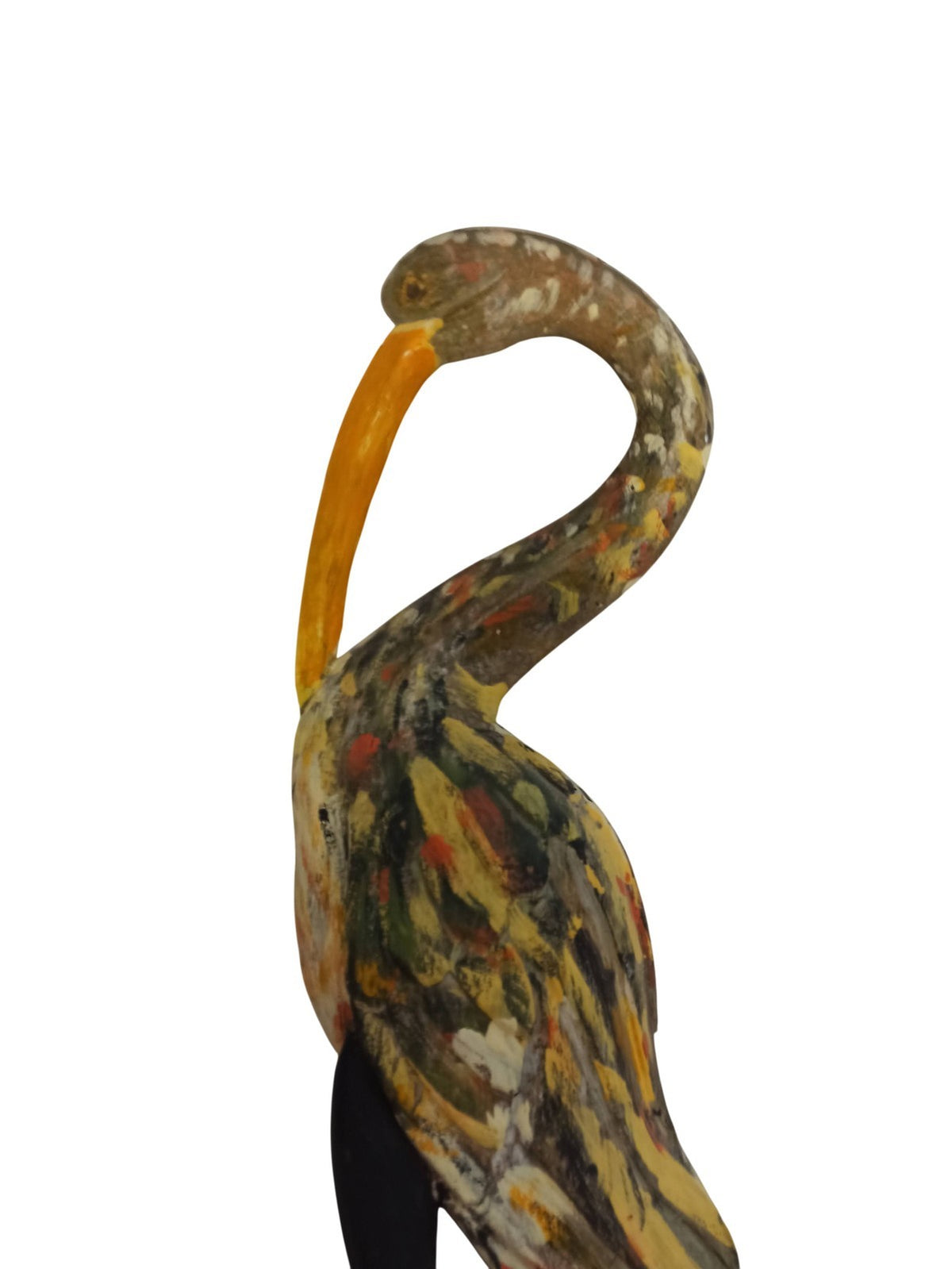 Statue héron ancien en bois peint décor rétro vintage sculpture animalière