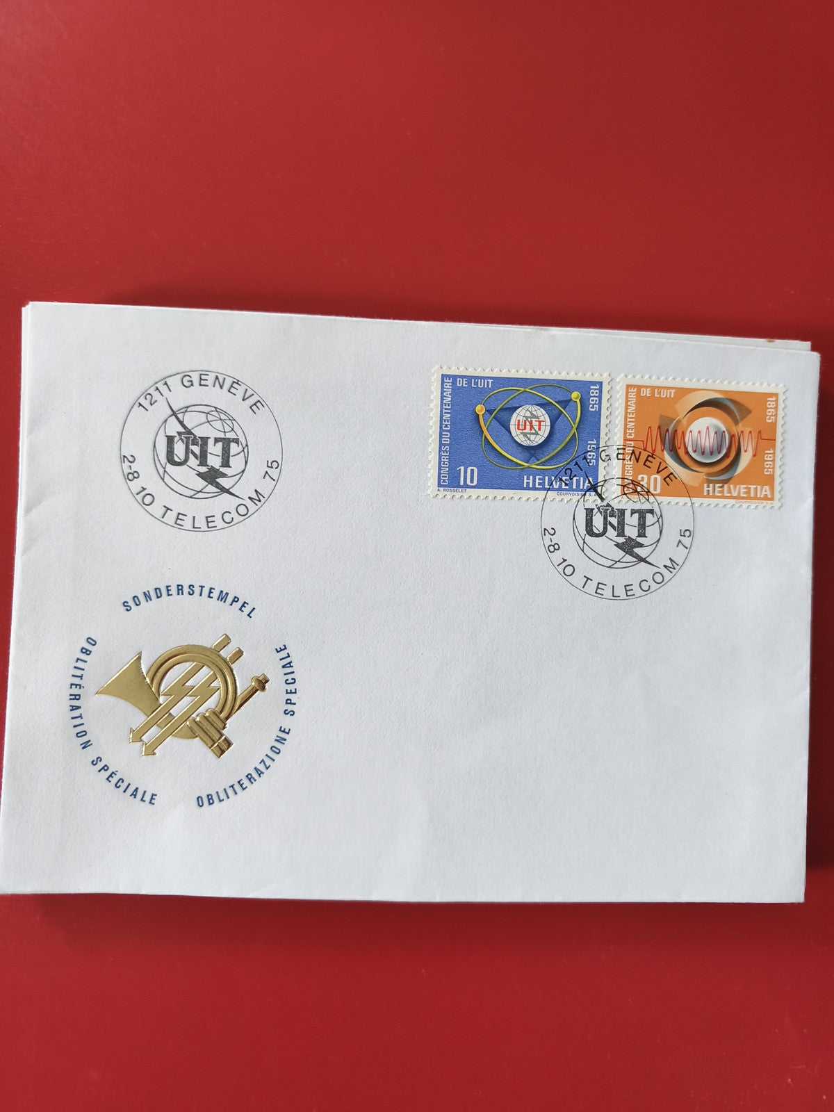 Enveloppe philatélie UIT Genève timbres Helvetia 1985 oblitération spéciale