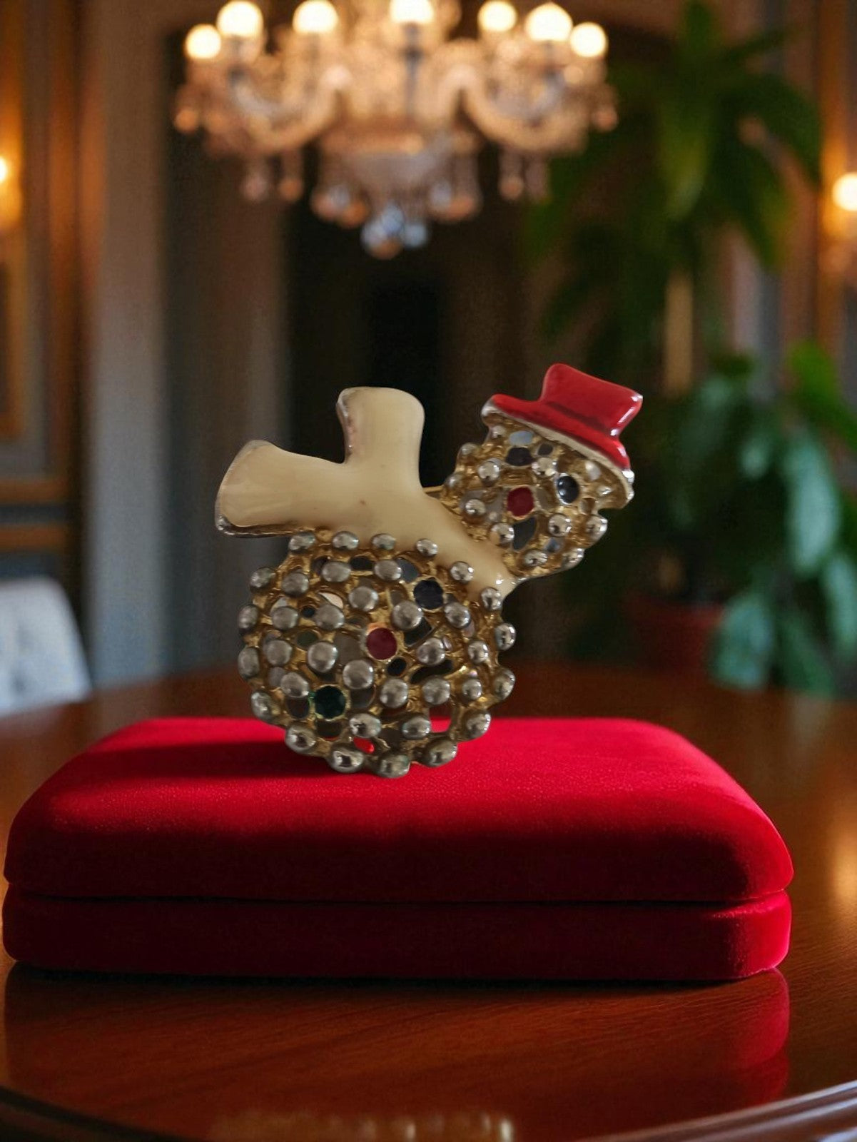 Broche Bonhomme de Neige Vintage Métal Doré Chapeau Rouge Noël Rétro