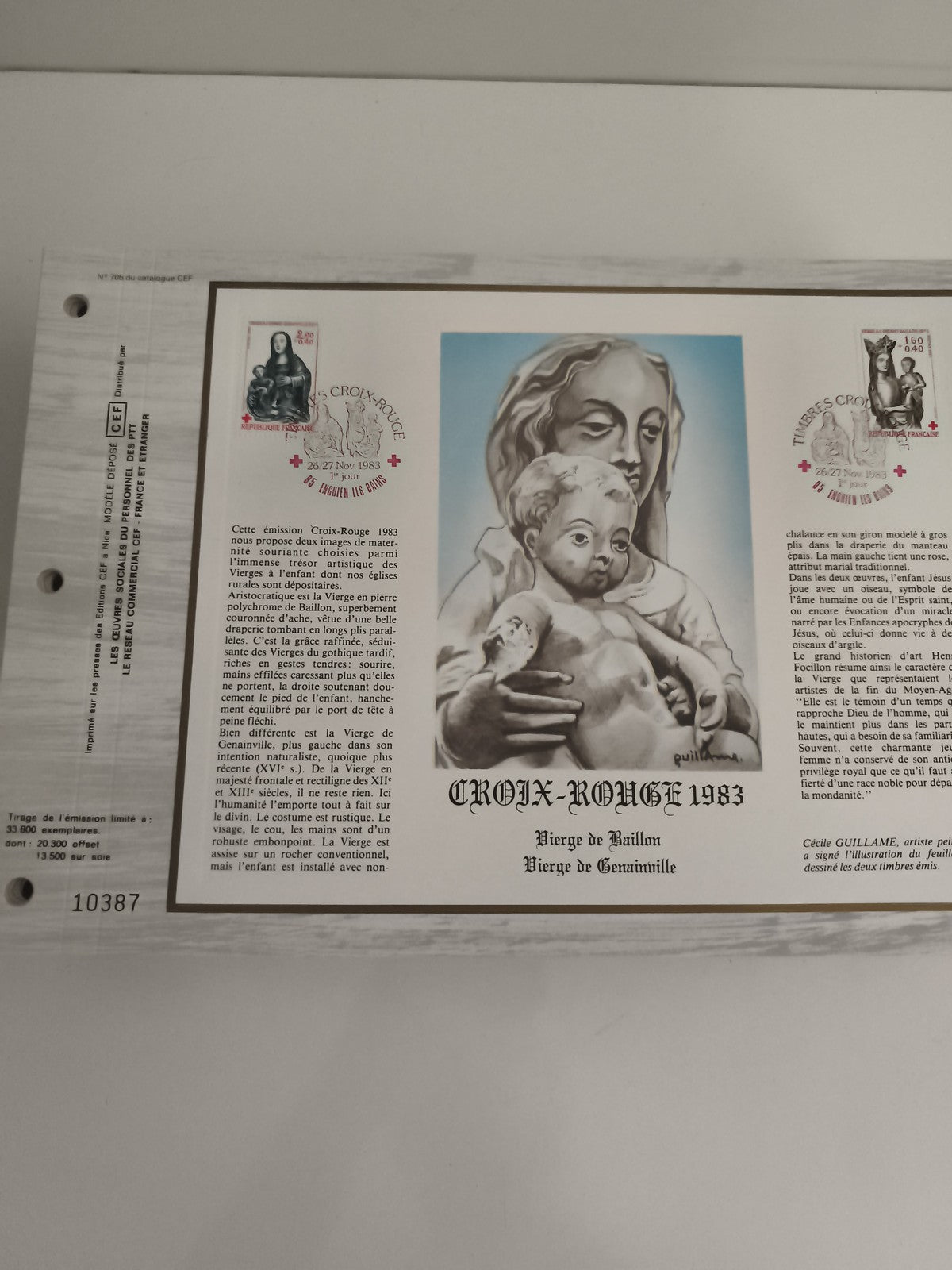 Feuillet CEF Croix-Rouge 1983 Vierge Baillon Genainville philatélie
