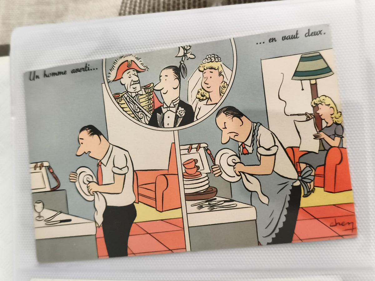 Carte postale ancienne humour dessin Chery Un homme averti années 50 rétro