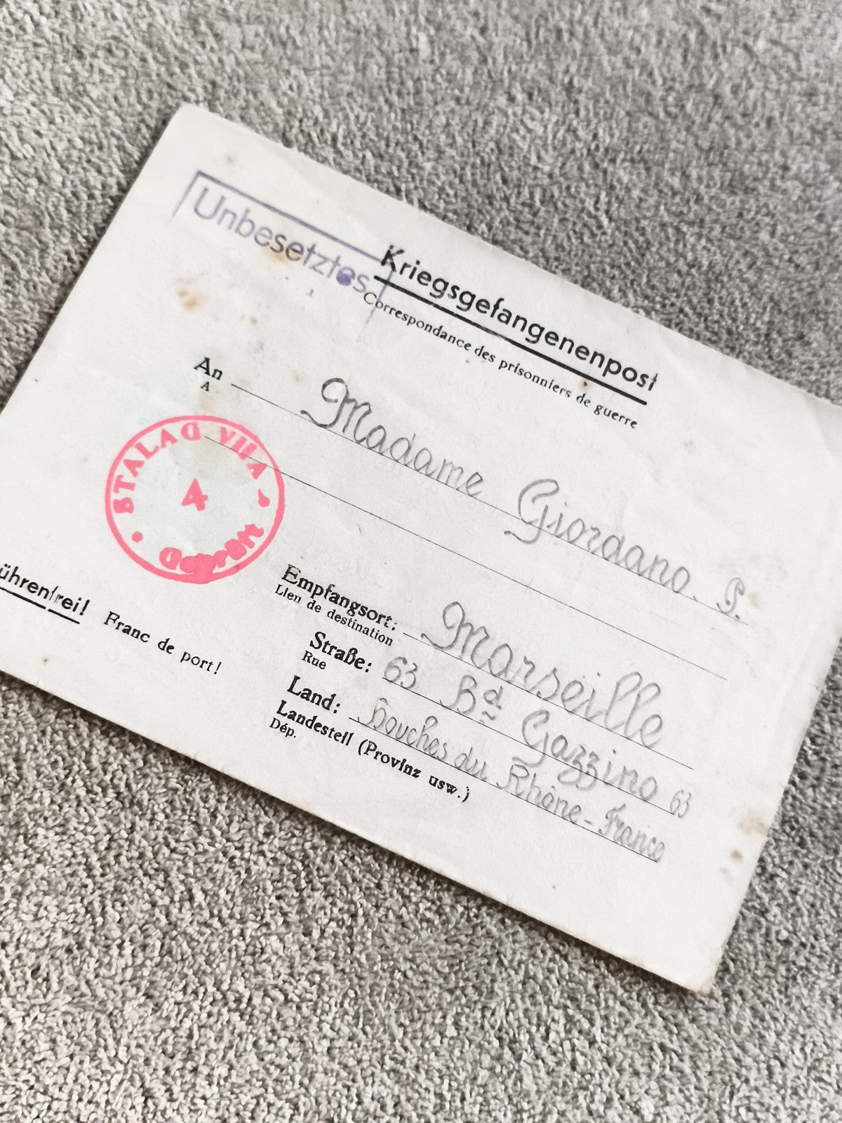 Carte prisonnier de guerre Stalag VIIA 1940s courrier ancien WWII Marseille