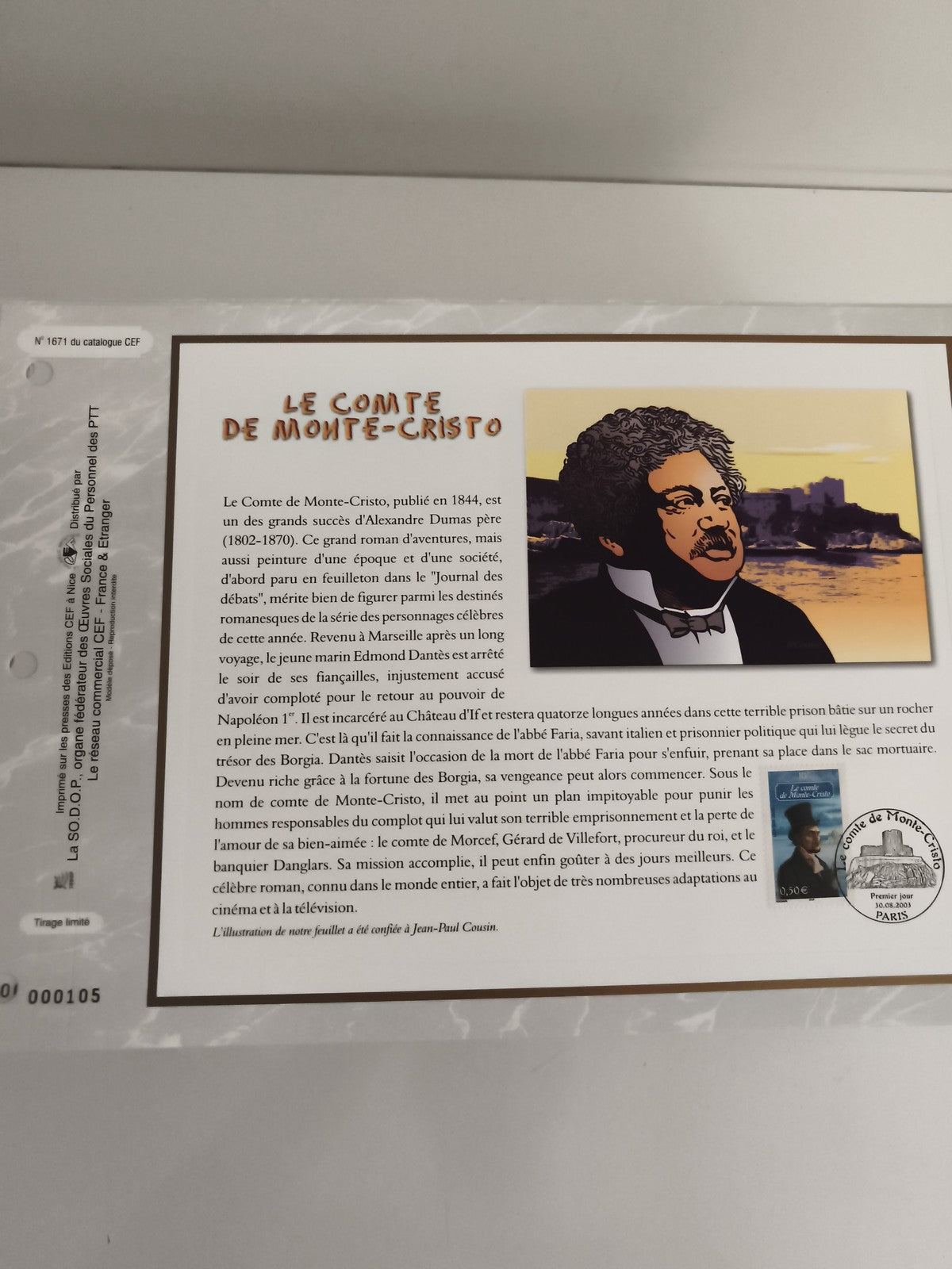 Feuillet CEF Le Comte de Monte-Cristo Alexandre Dumas philatélie timbre 0,50€