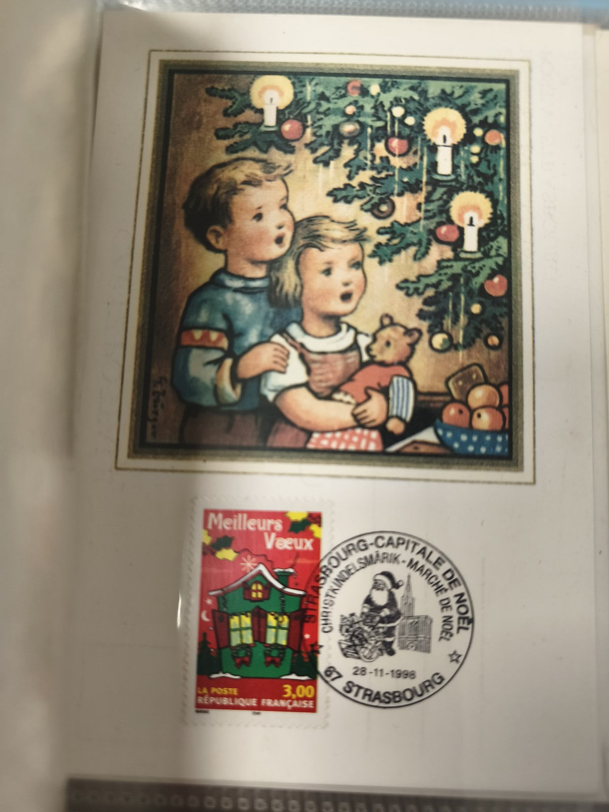 Ancien timbre Noël 1967 illustré enfants sapin, collection vintage philatélie