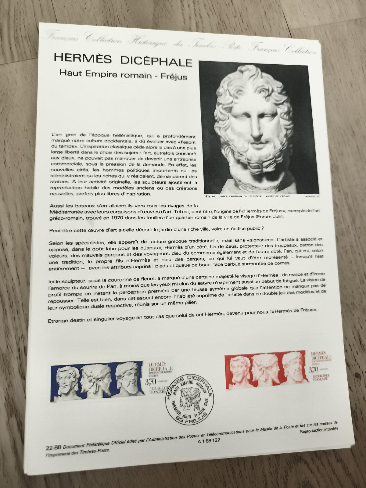 Document philatélique Hermès Dicéphale Haut Empire romain Fréjus timbres