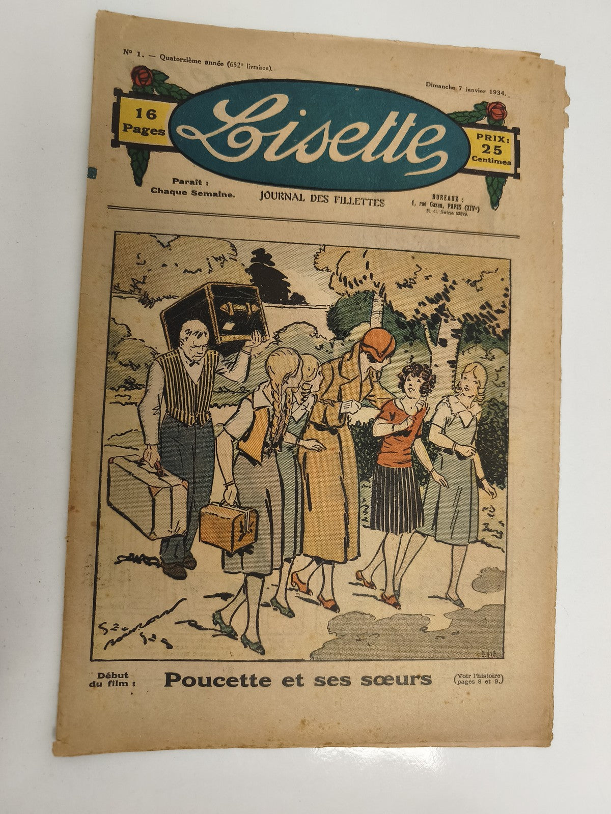 Ancien journal Lisette 1934, n°1, Journal des fillettes, couverture illustrée