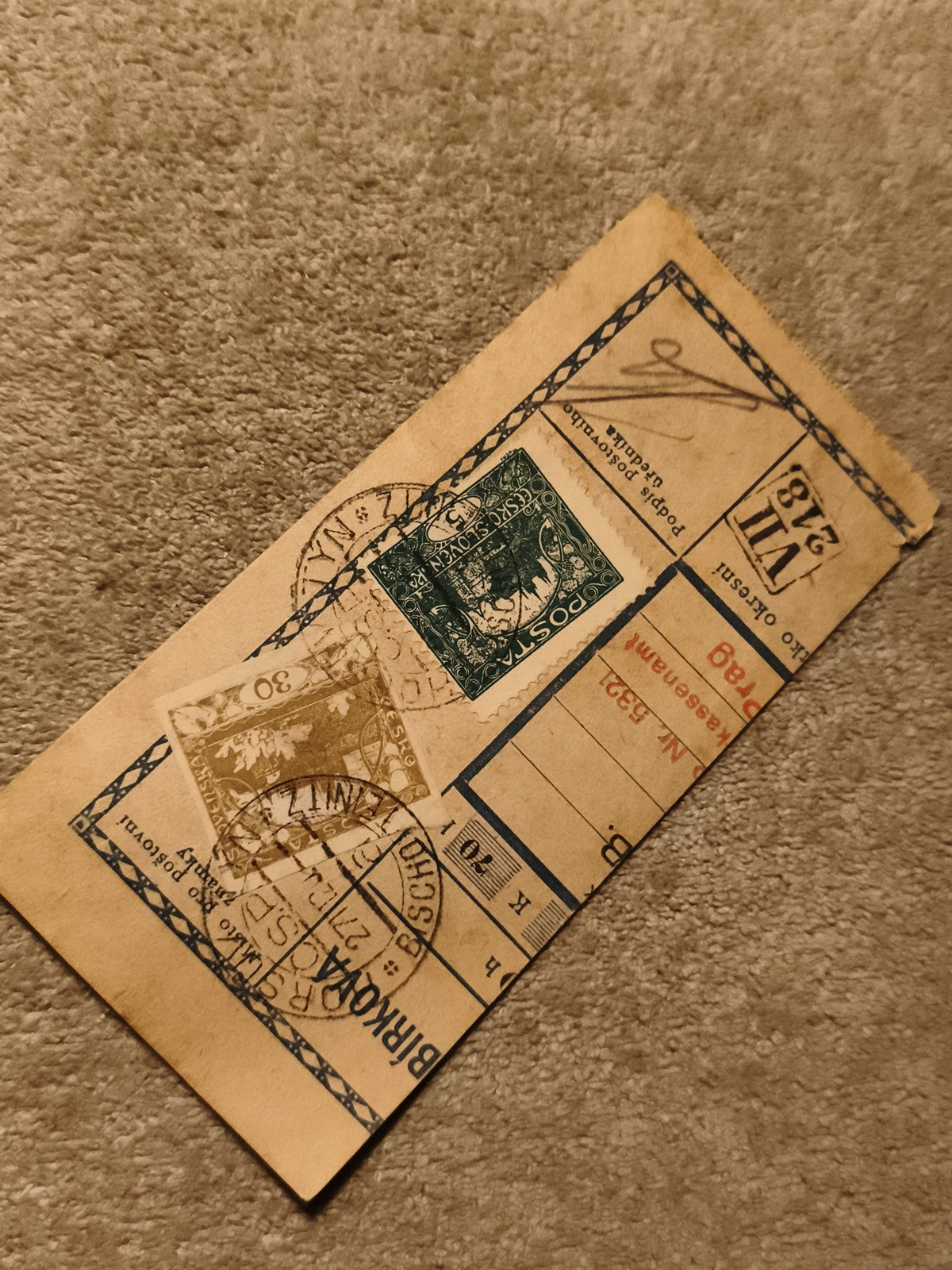Fragment postal oblitéré BIRKAVA timbres Tchécoslovaquie Philatélie (Ref 27)
