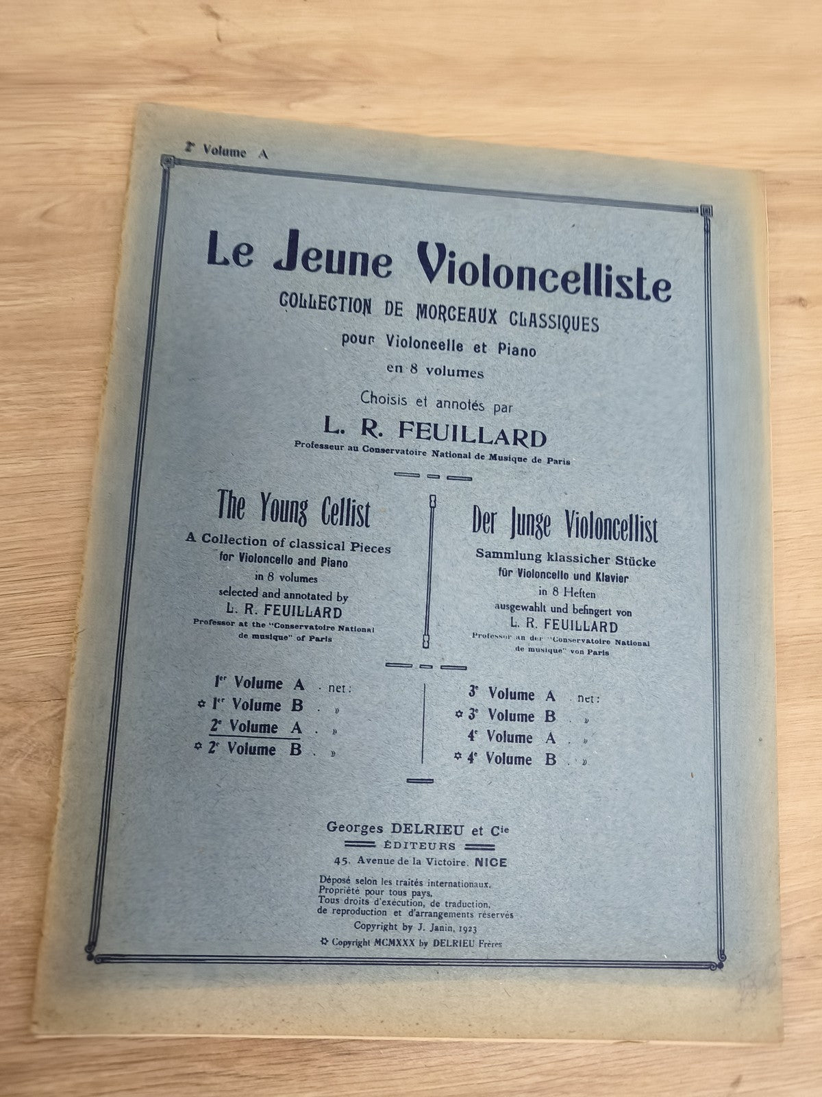 Ancien livre partitions violoncelle piano Feuillard Le Jeune Violoncelliste Vol