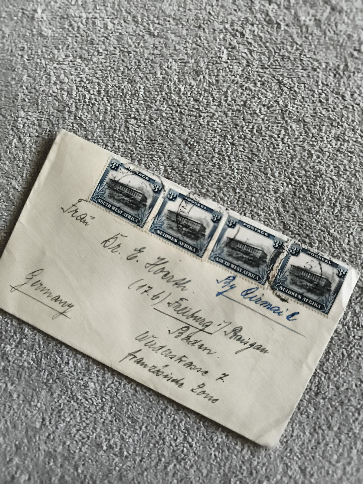 Lettre affranchie 4 timbres South West Africa 3d, enveloppe manuscrite Allemagne
