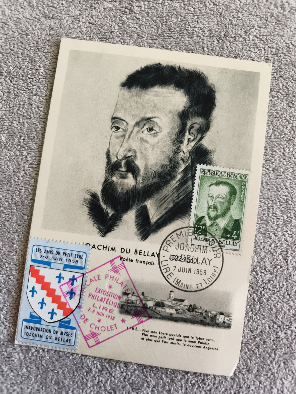 Carte Premier Jour philatélie Joachim du Bellay timbre 1958 Exposition Cholet