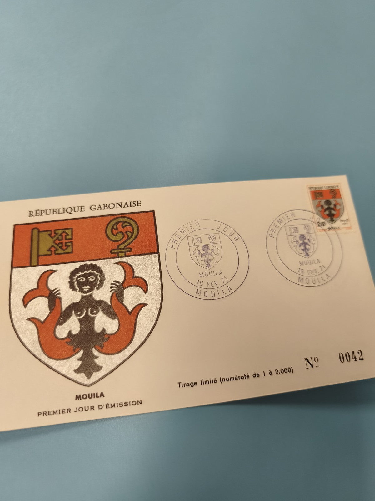 Enveloppe FDC premier jour d?émission Mouila Gabon blason tirage limité