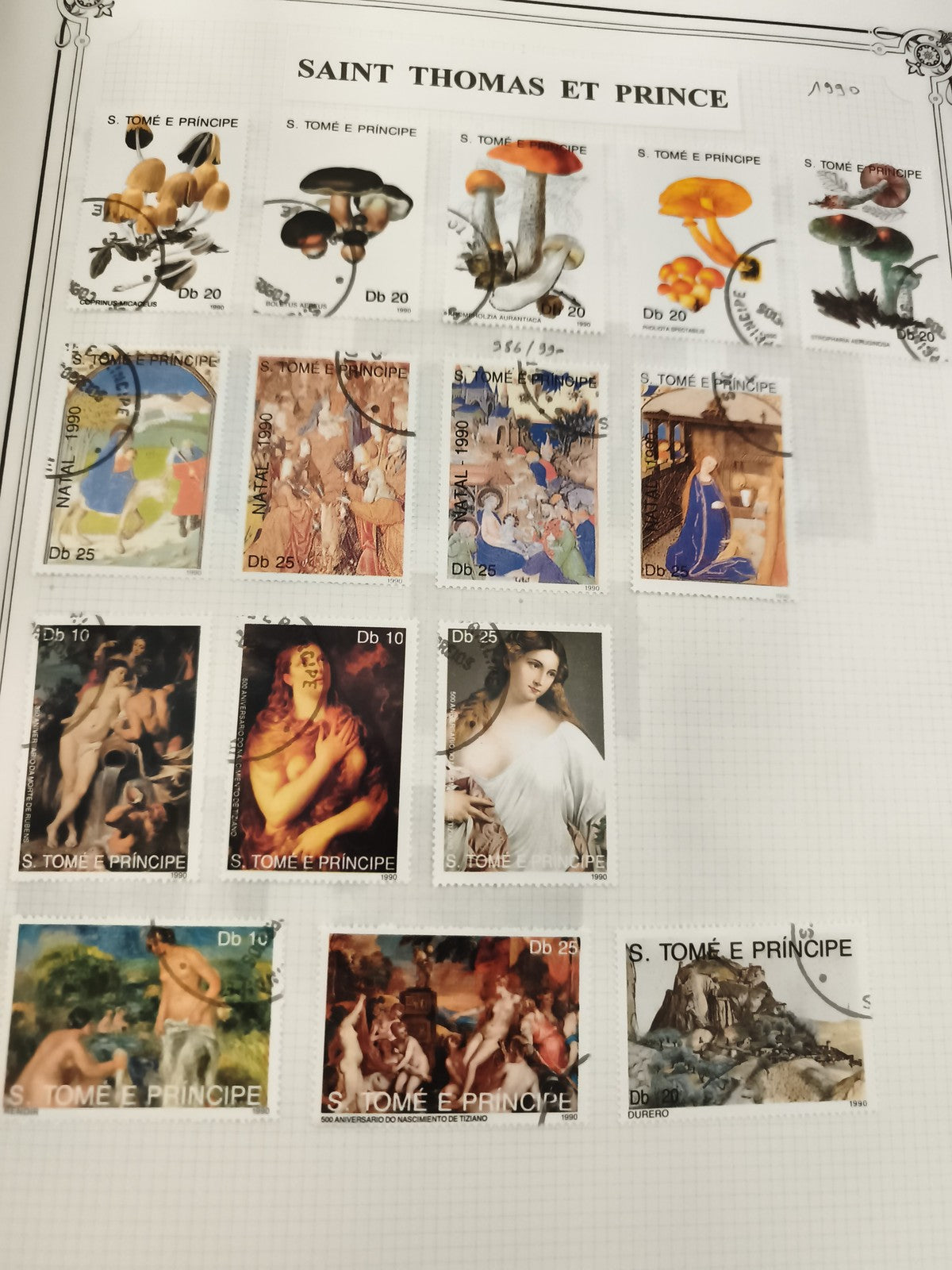 Timbres Saint Thomas et Prince 1990, faune champignons et œuvres d’art, S. Tome