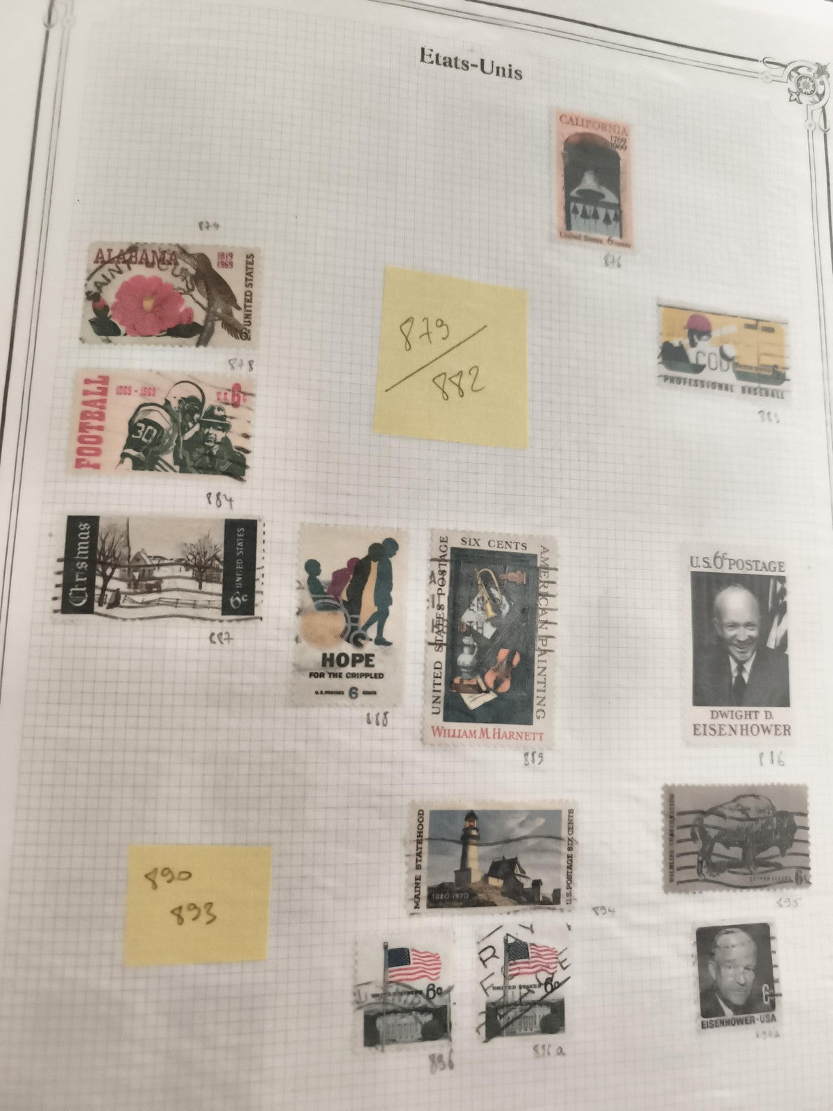 Lot anciens timbres USA oblitérés football Eisenhower fleur vintage philatélie