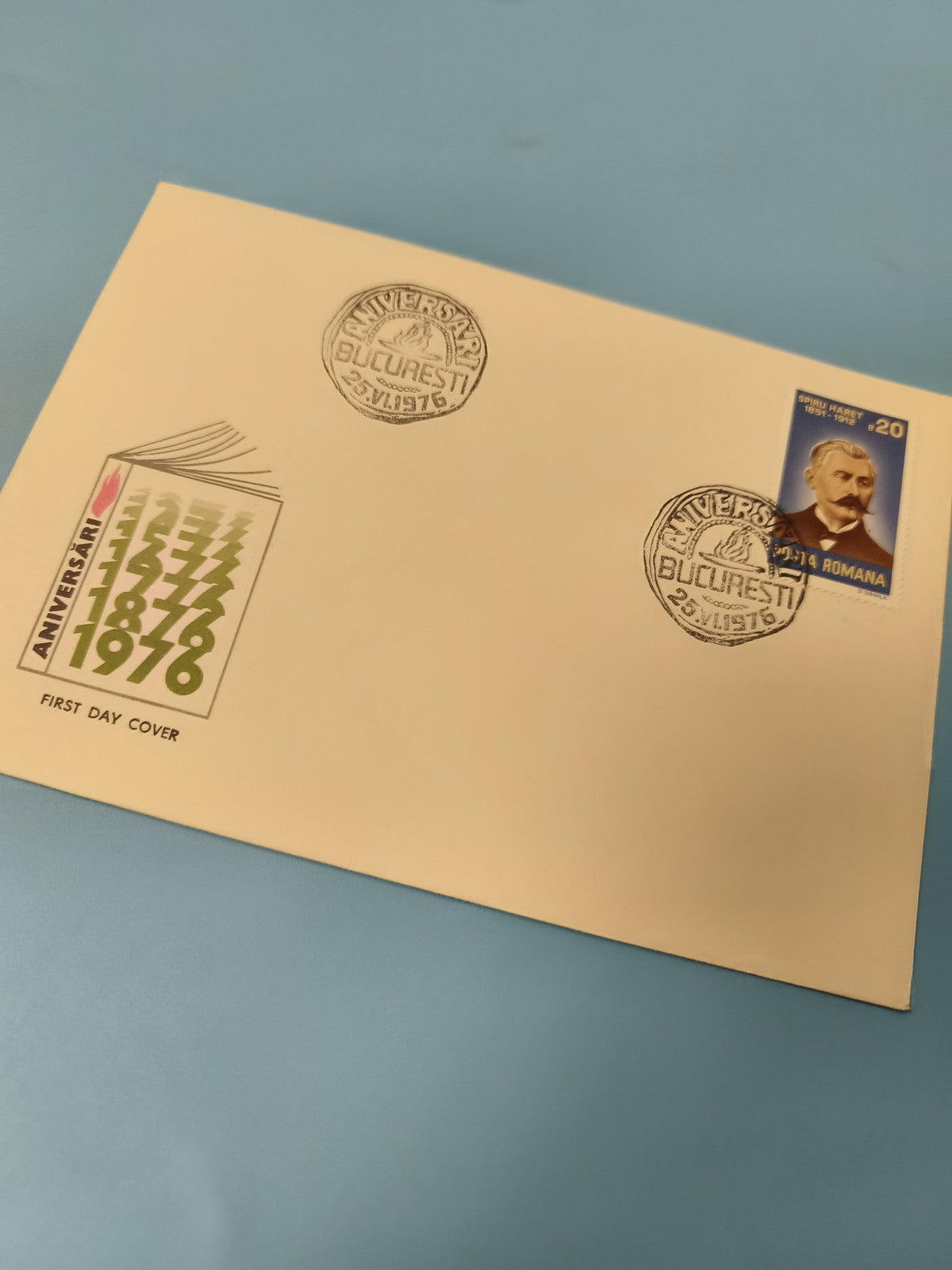 Enveloppe FDC premier jour Bucarest 1976 timbre Roumanie bleu portrait