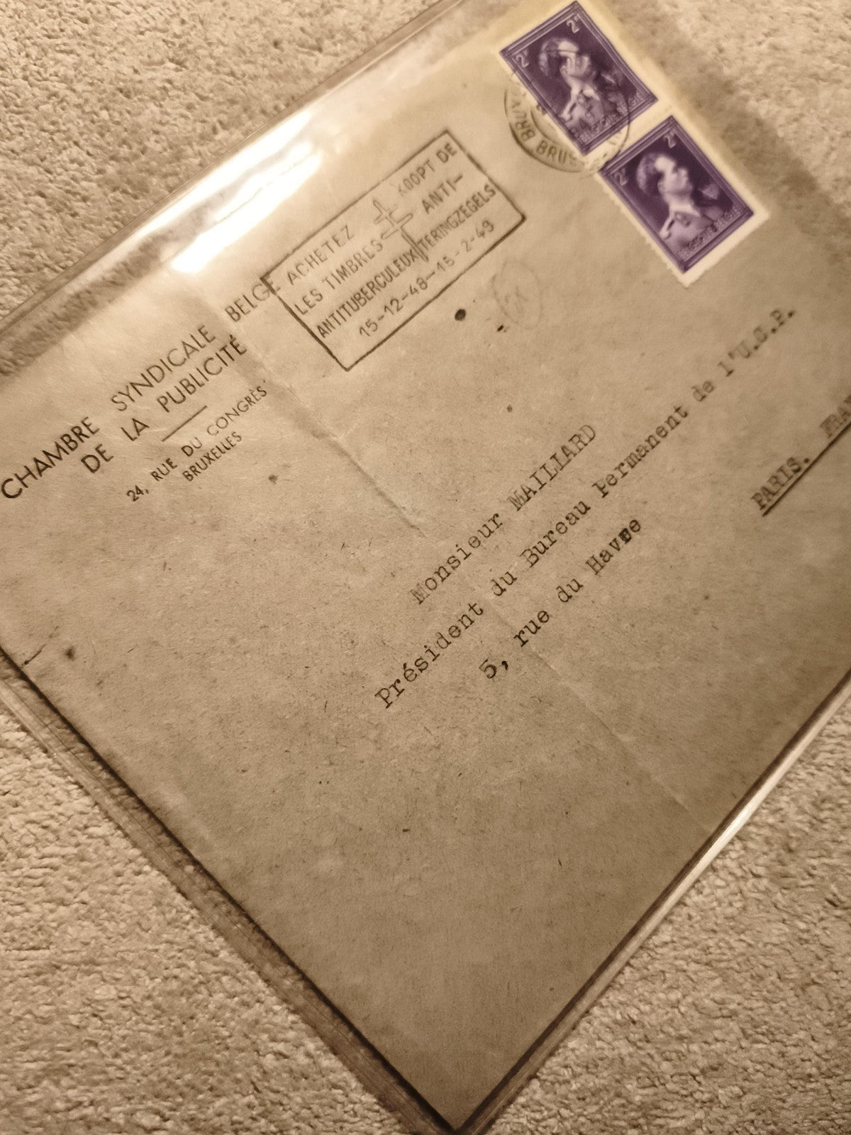 Lettre ancienne Belgique 1948 timbres 2F violets Bruxelles philatélie (Ref 13)