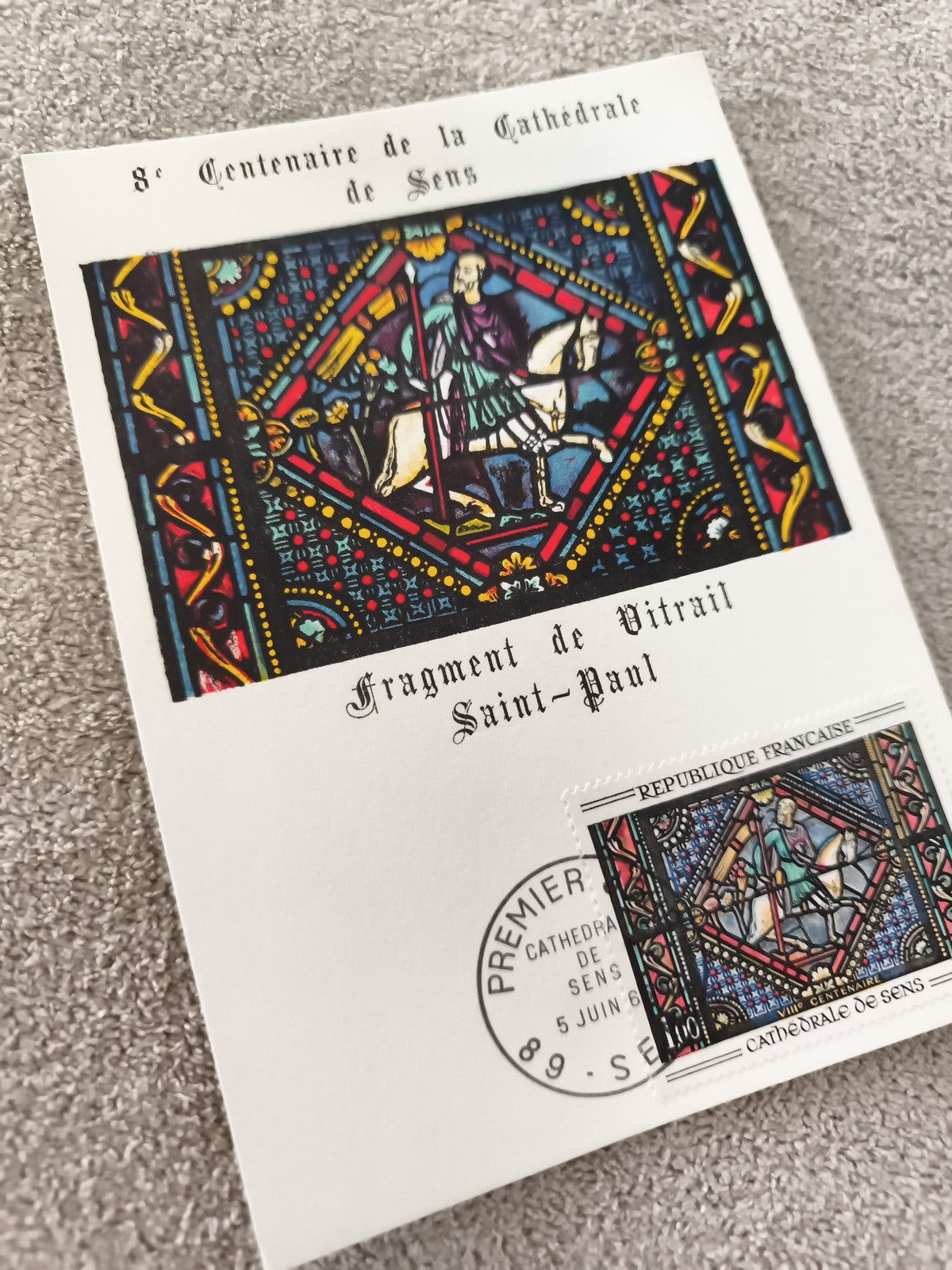 Lettre FDC 8e Centenaire Cathédrale de Sens vitrail Saint-Paul ancien philatélie