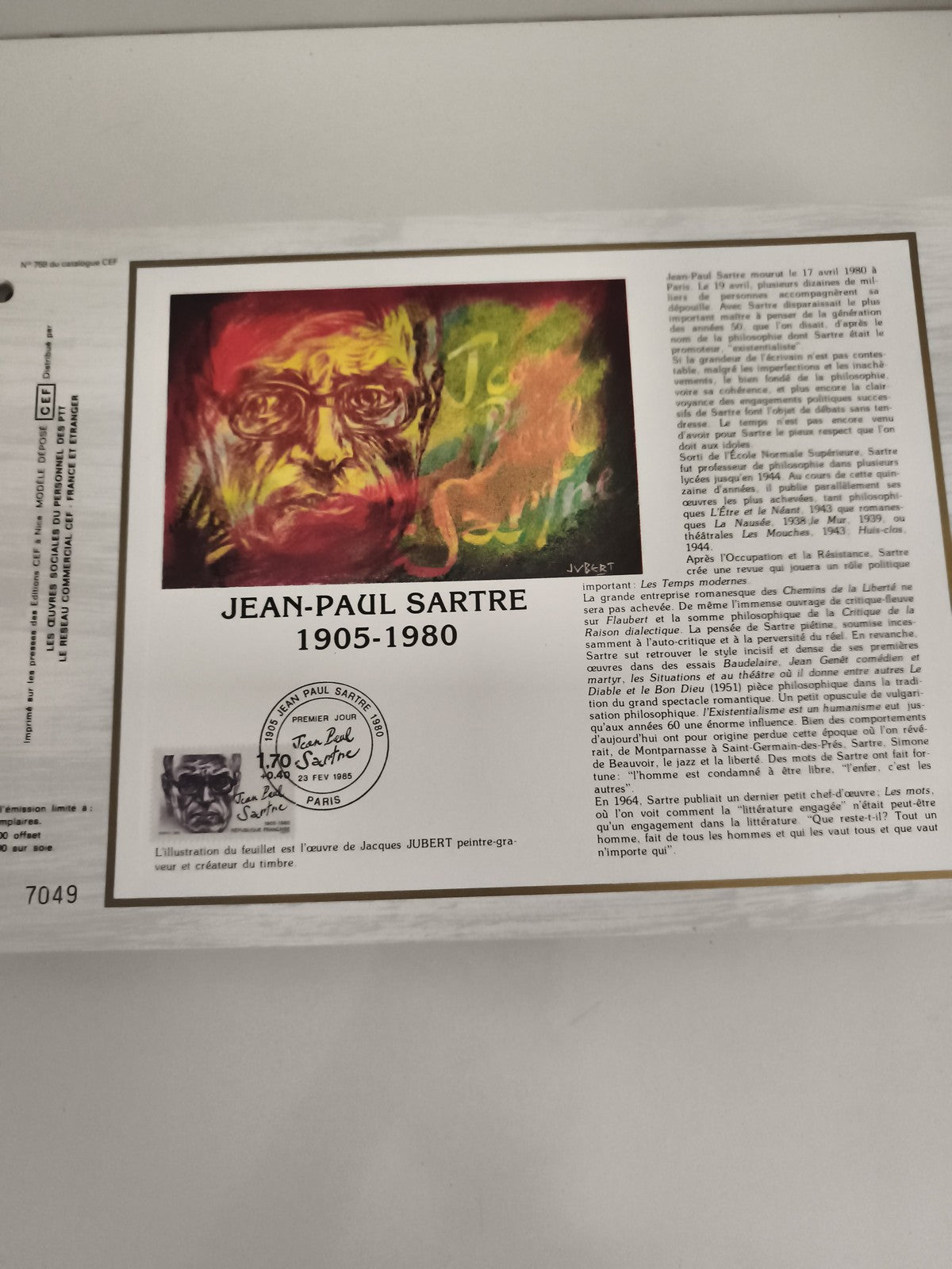 Feuillet CEF Jean-Paul Sartre 1905-1980 philatélie illustré Jubert