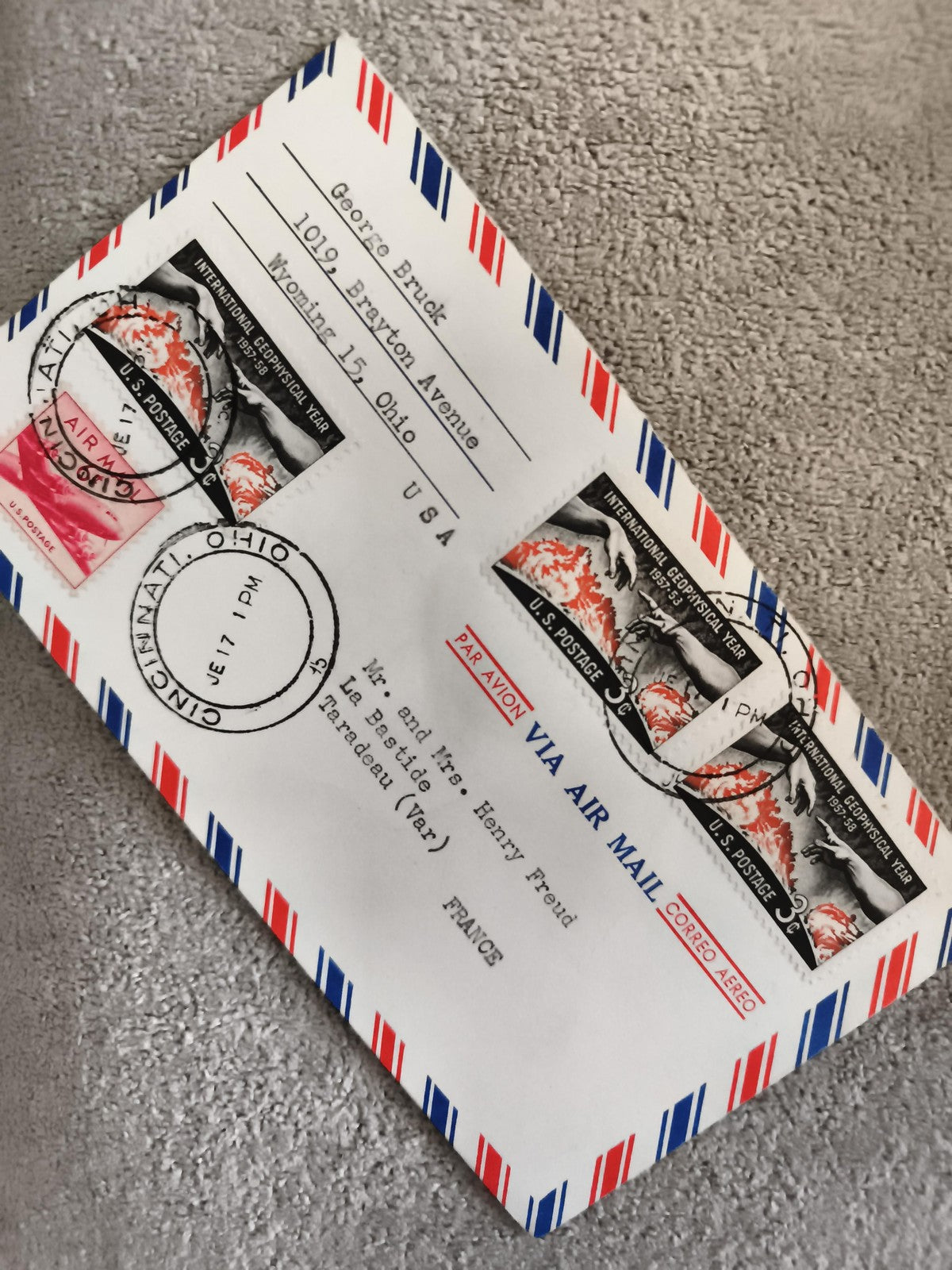 Lettre affranchie USA Air Mail 1958, timbres International Geophysical Year, Phi