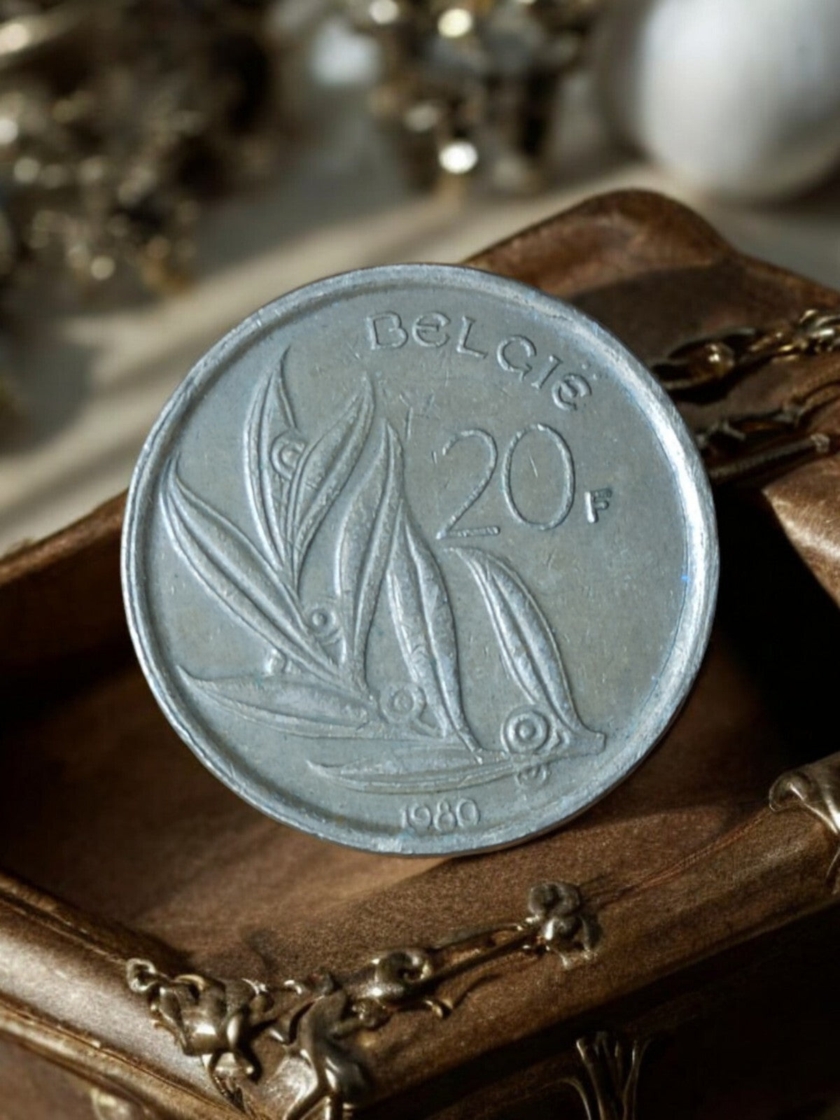 Pièce 20 Francs Belgique 1980, monnaie ancienne, motif végétal, vintage