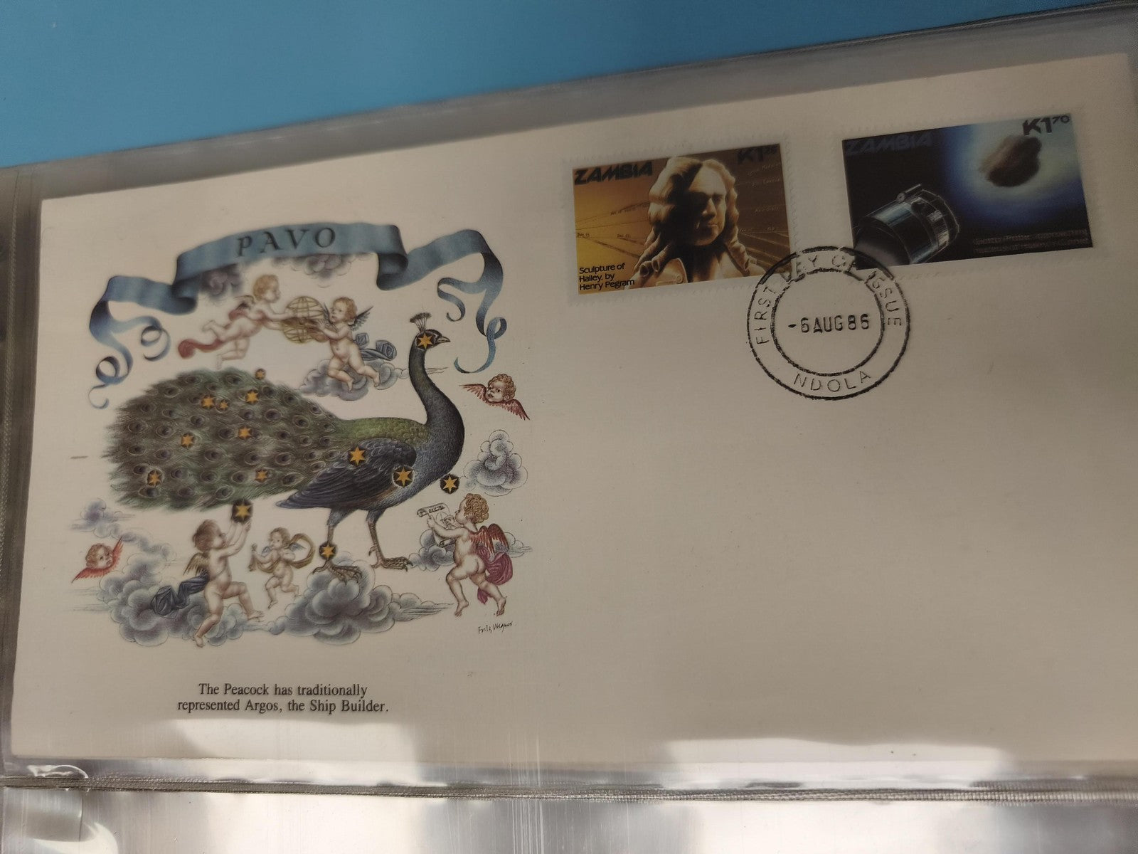 Enveloppe premier jour FDC Zambie 1986 PAVO paon timbres Halley Indola
