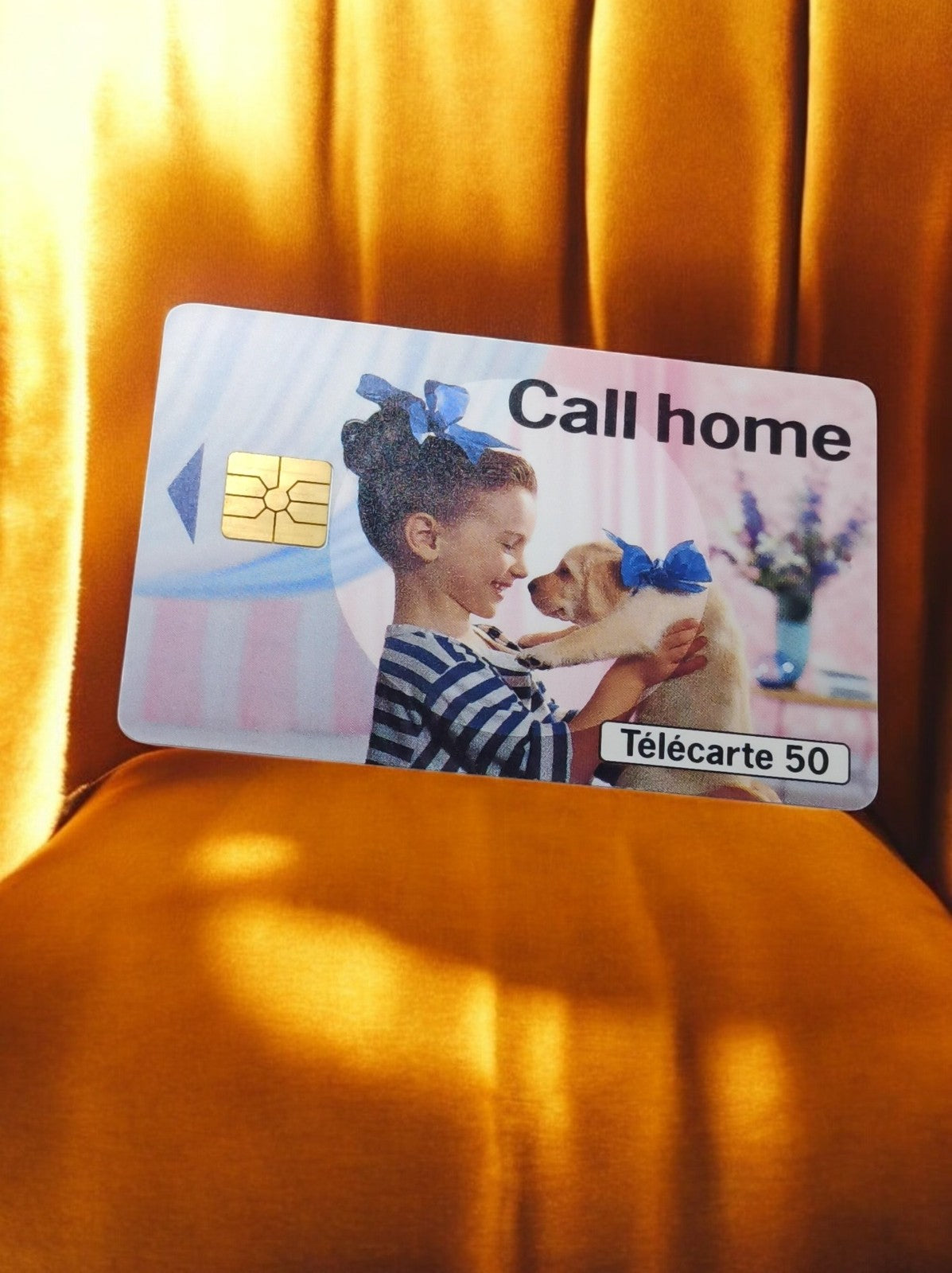 Carte téléphonique vintage Télécarte 50 puce Call home visuel enfant chien