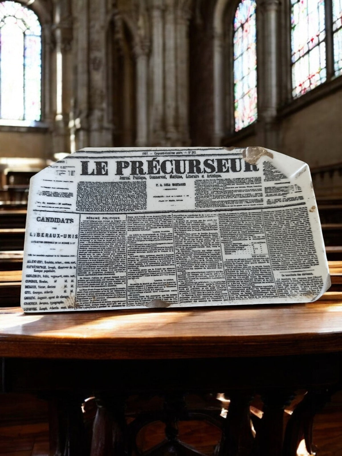 Plateau publicitaire vintage LE PRÉCURSEUR décor journal, à restaurer, déco rétr