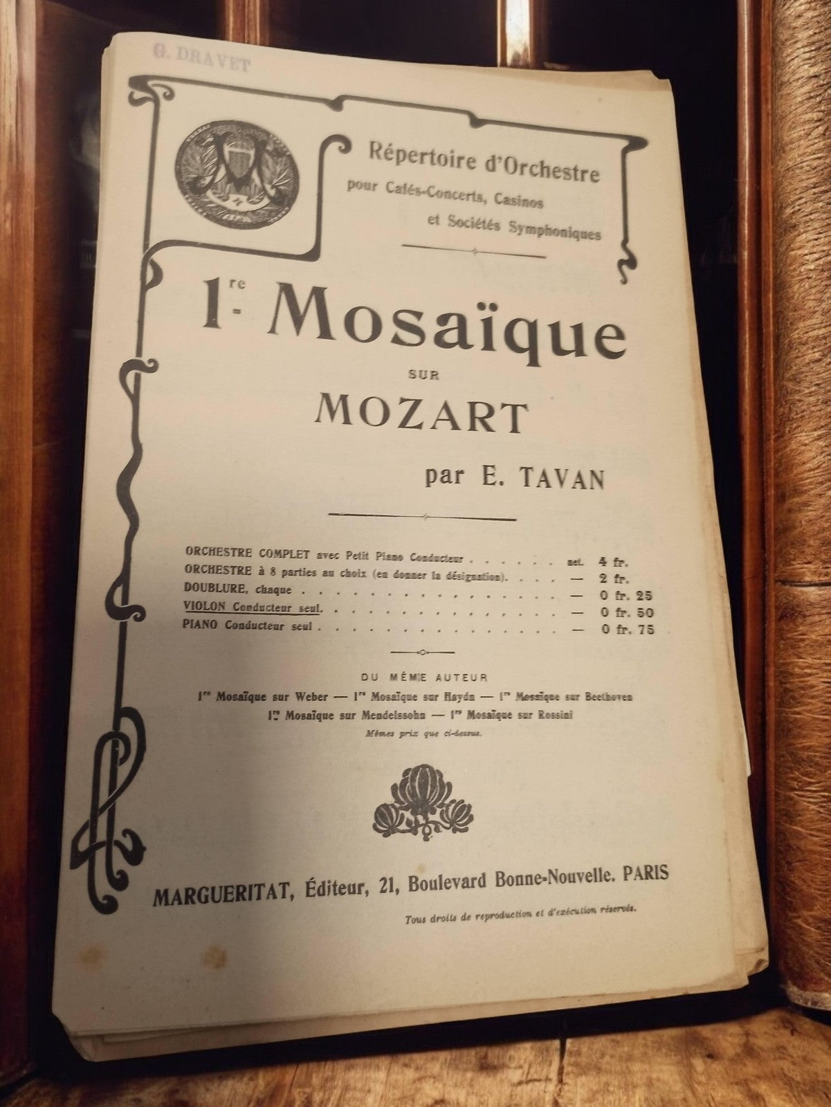 Partition ancienne Mosaïque sur Mozart E. Tavan Margueritat Paris vintage rétro
