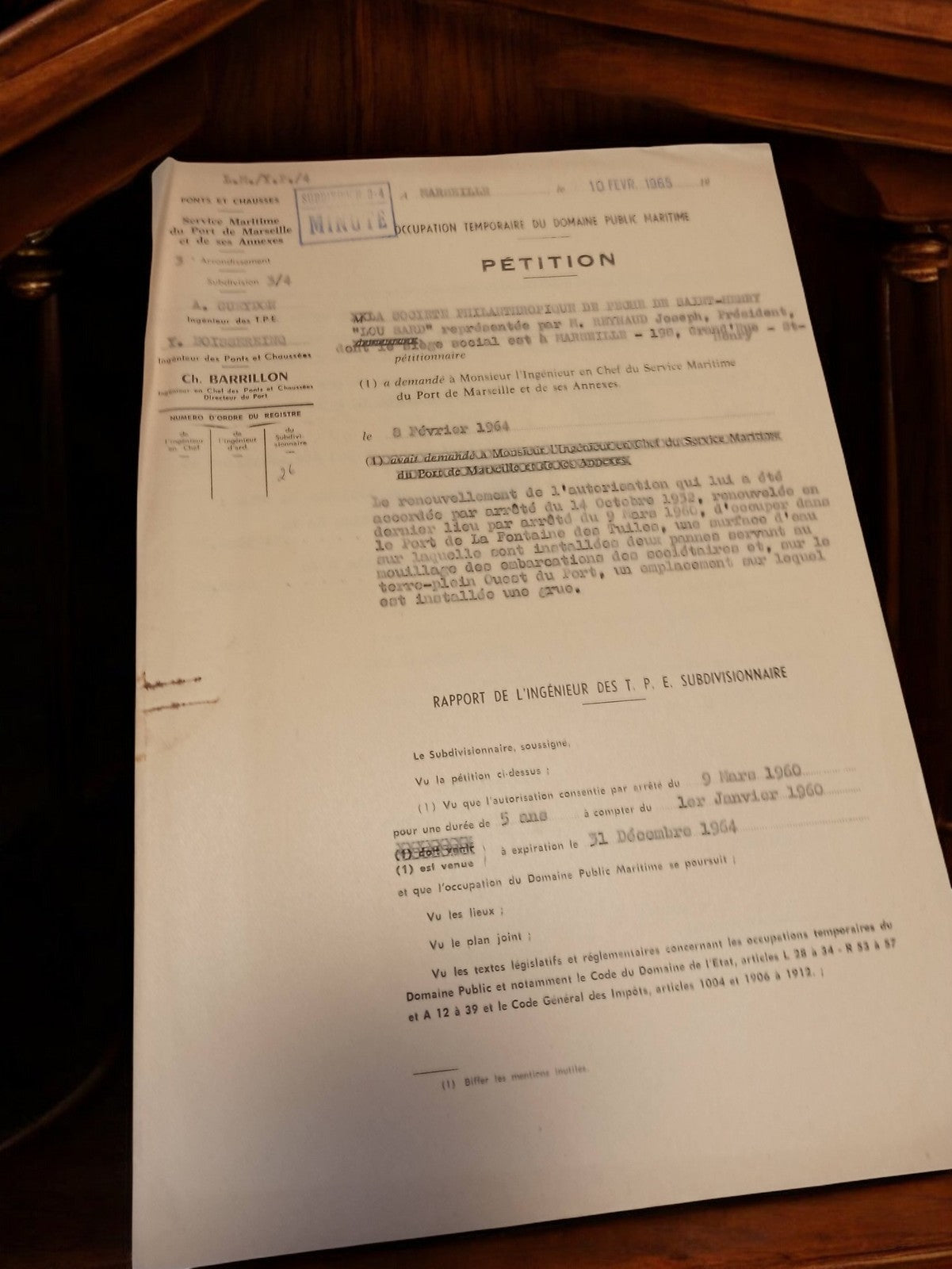 Document administratif vintage Marseille 1965 Ponts et Chaussées travaux publics