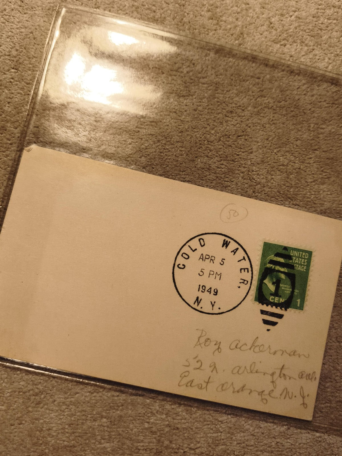 Lettre oblitérée USA 1949 Cold Water NY timbre 1 cent philatélie (Ref 12)