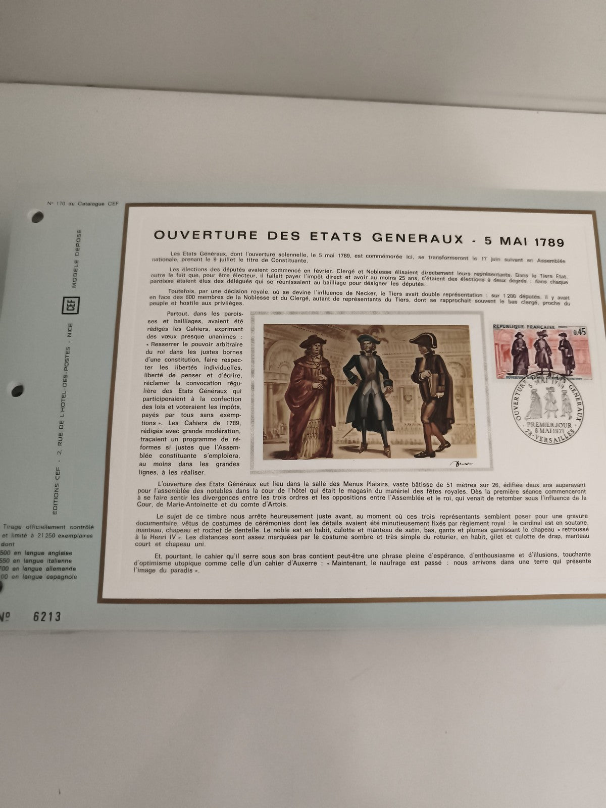 Feuillet philatélique CEF Ouverture États Généraux 1789 timbre 1er jour France