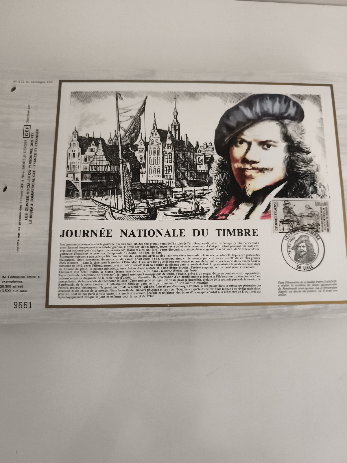 Feuillet CEF Journée du Timbre Rembrandt Lille philatélie illustration
