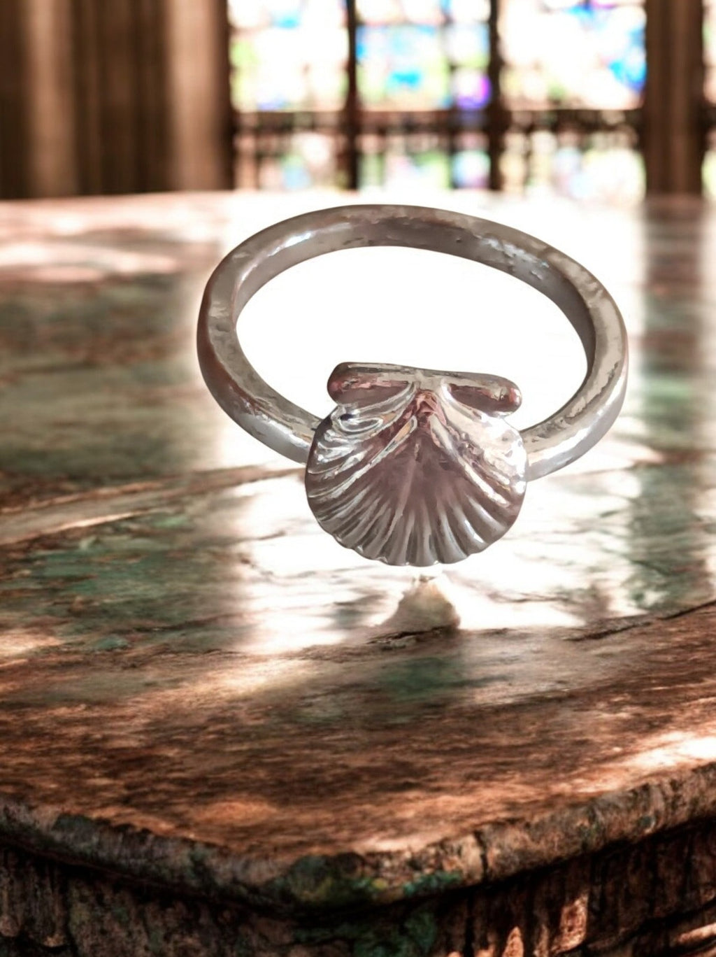 Bague créateur vintage coquillage fantaisie anneau finition argentée T58