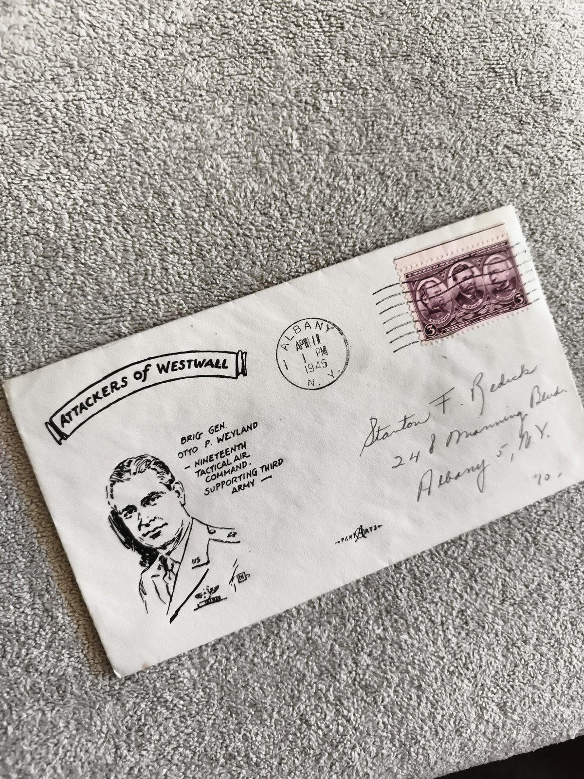 Lettre illustrée 1945 Attacker of Westwall cachet Albany timbre US philatélie