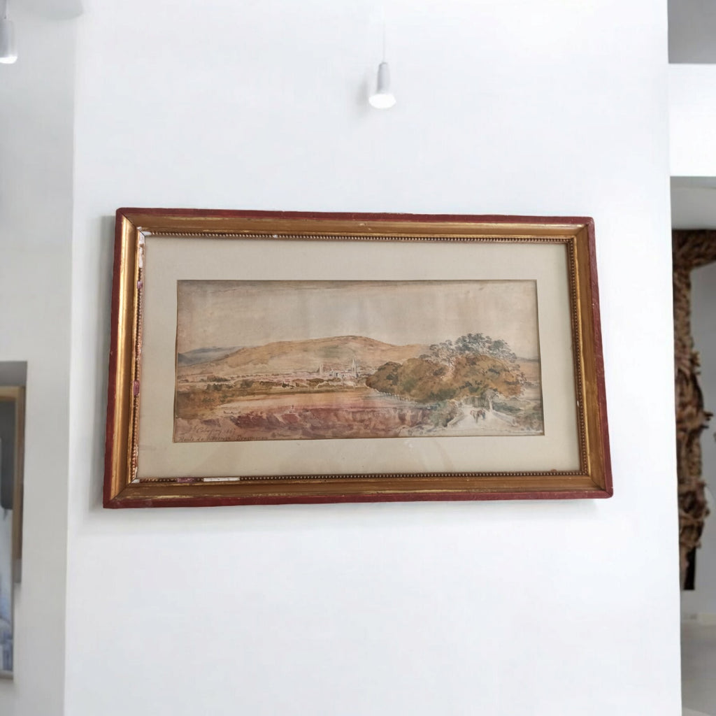 Tableau ancien paysage Villecroze Draguignan aquarelle signée cadre doré