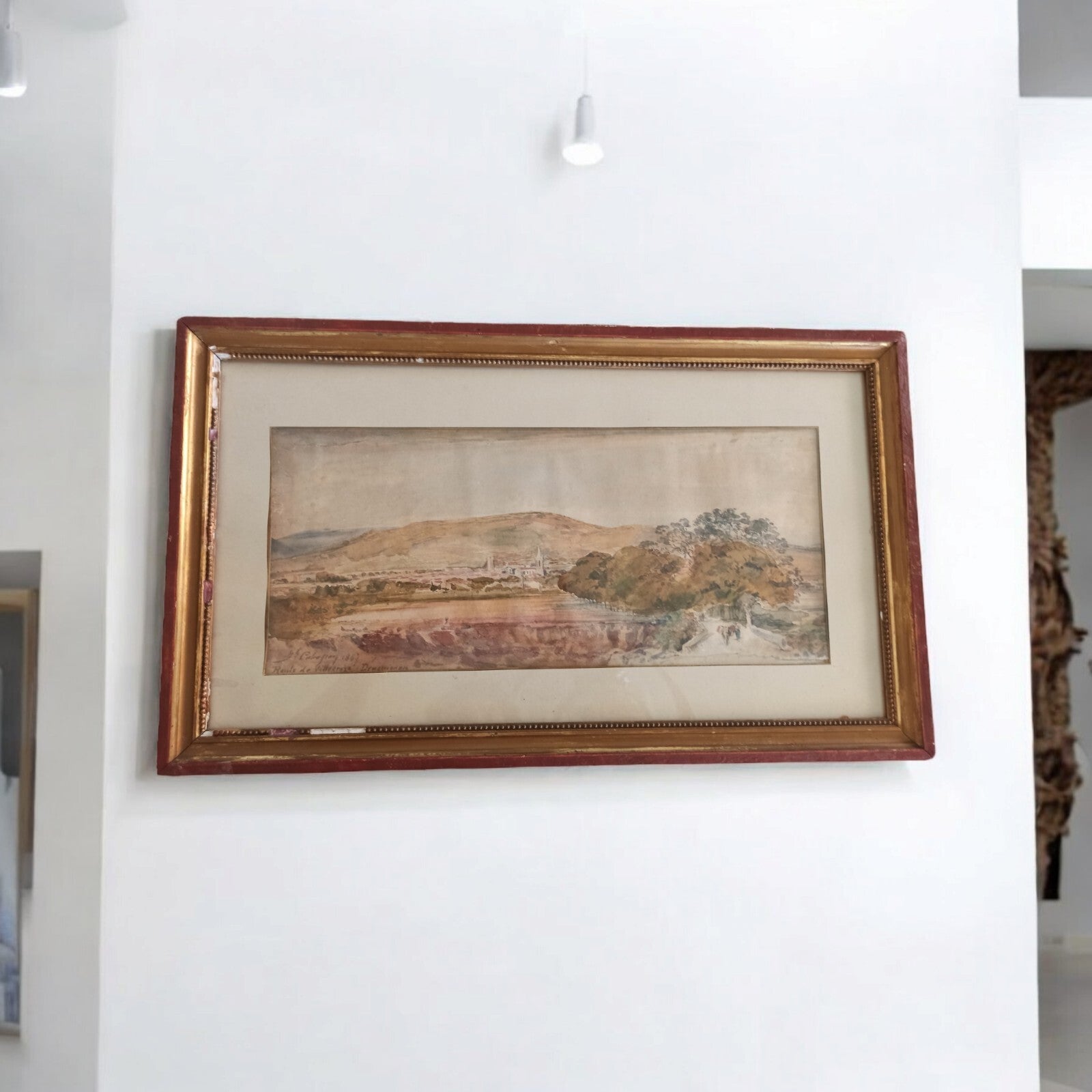 Tableau ancien paysage Villecroze Draguignan aquarelle signée cadre doré