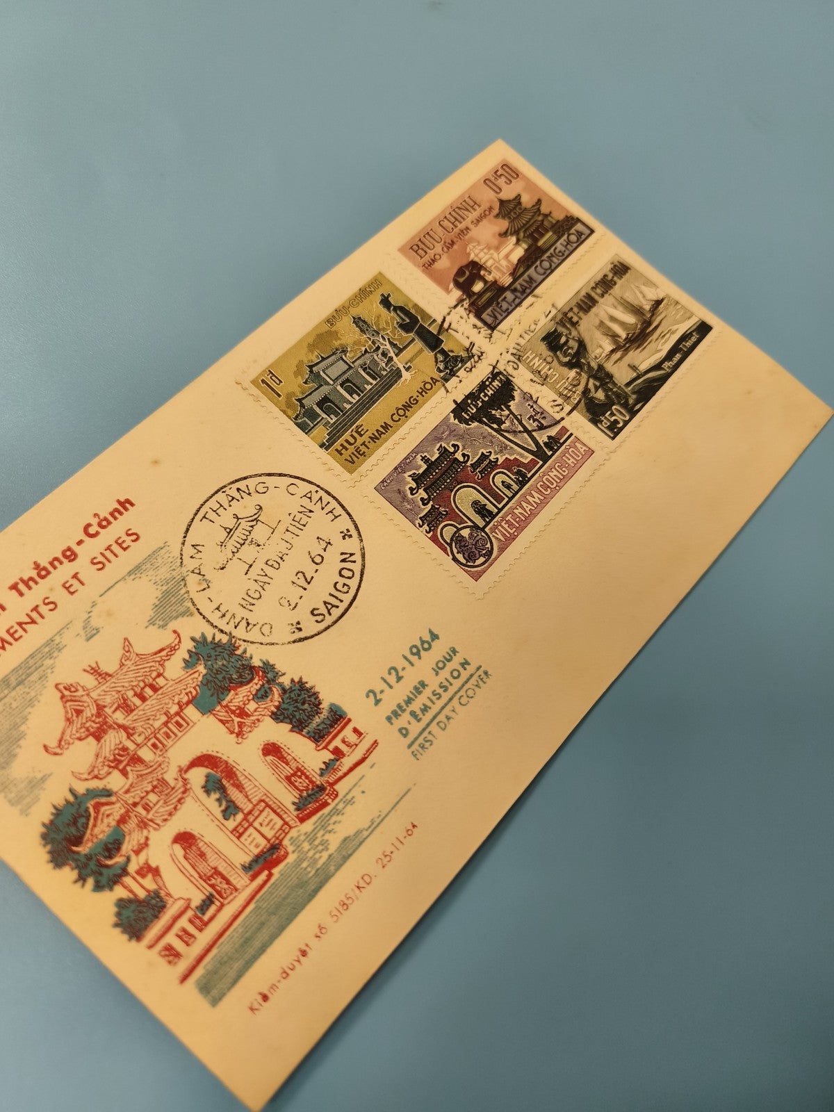 Ancienne enveloppe FDC Vietnam 1964 monuments timbrée, philatélie collection