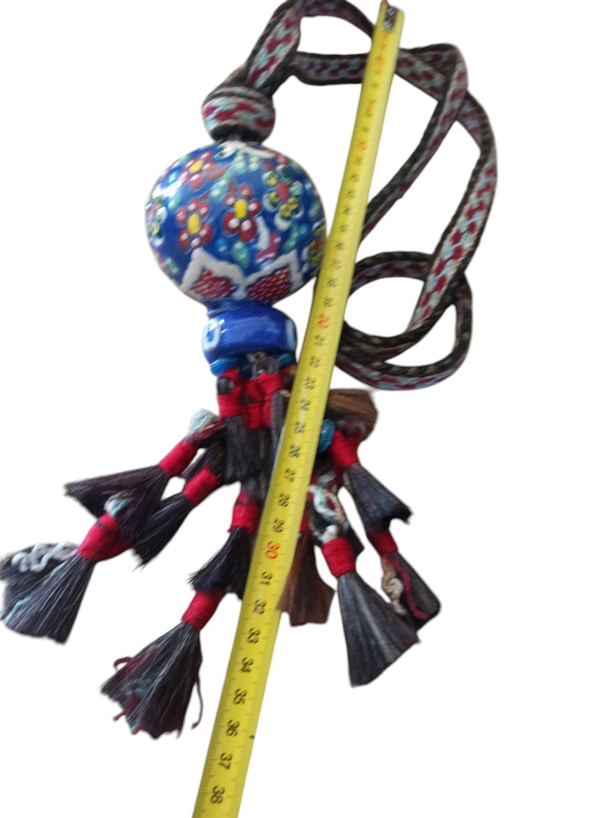 Pendentif tribal turc céramique décor floral pompons bohème cheval