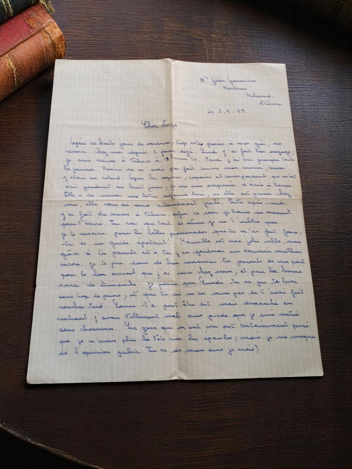 Lettre manuscrite vintage 1959 Marseille papier quadrillé écriture bleue