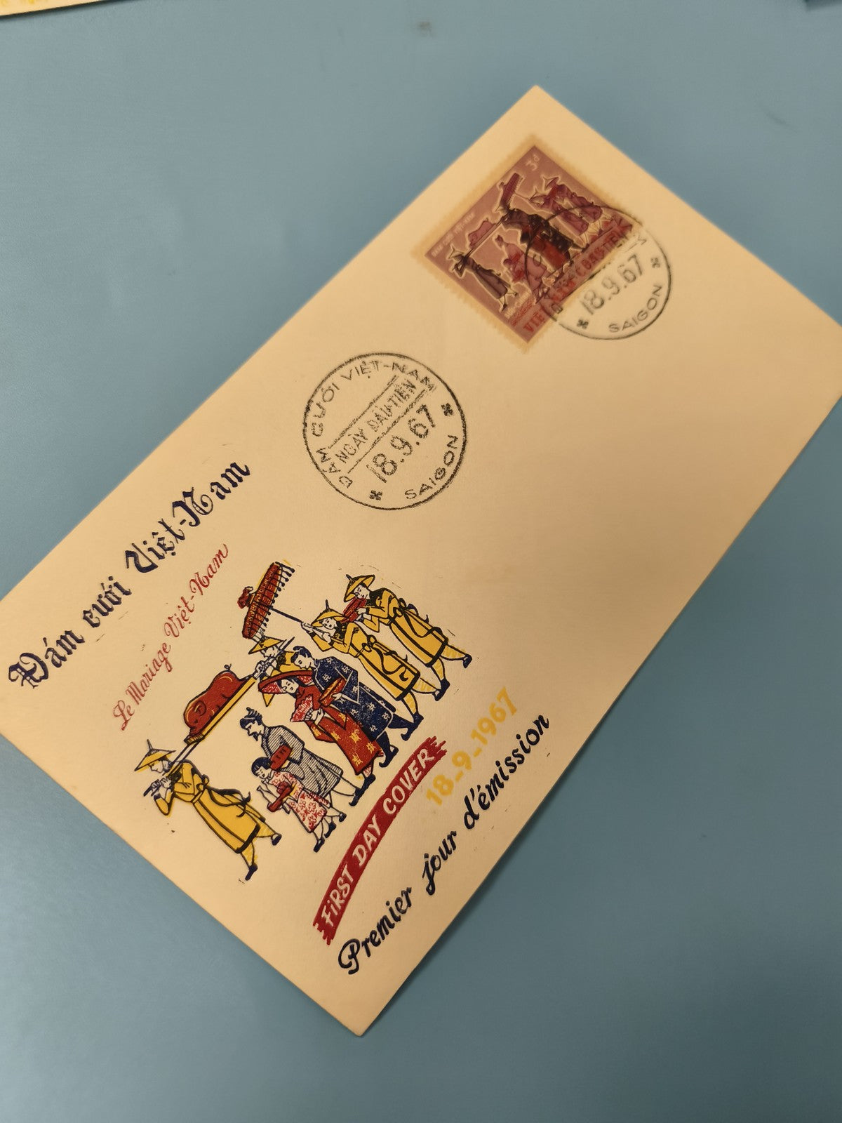 Ancienne enveloppe FDC Vietnam 1967 Mariage illustrée timbre oblitéré Saigon
