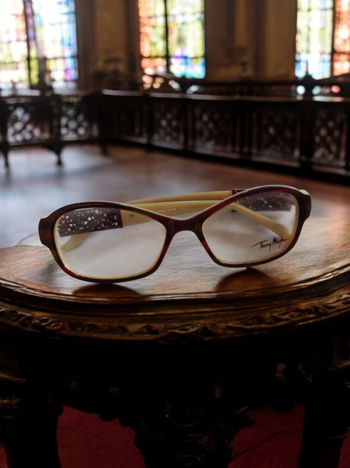 Monture lunettes vintage Thierry Mugler écaille bordeaux beige femme rétro