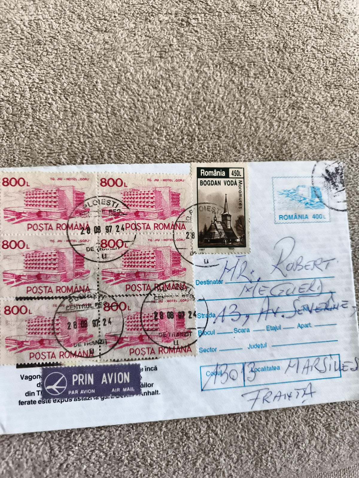 Lettre affranchie Roumanie 1997 timbres 800L 450L 400L cachet Bucarest philatéli