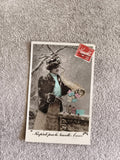 CPA carte postale femme neige Nouvel An timbre 10c colorisée début XXe