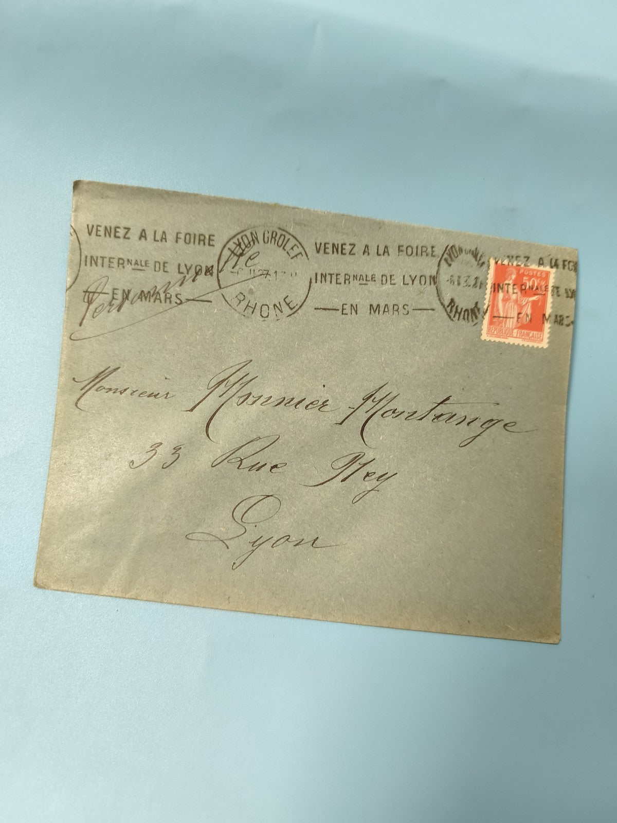 Ancienne enveloppe oblitérée Lyon début XXe philatélie, cachet postal vintage