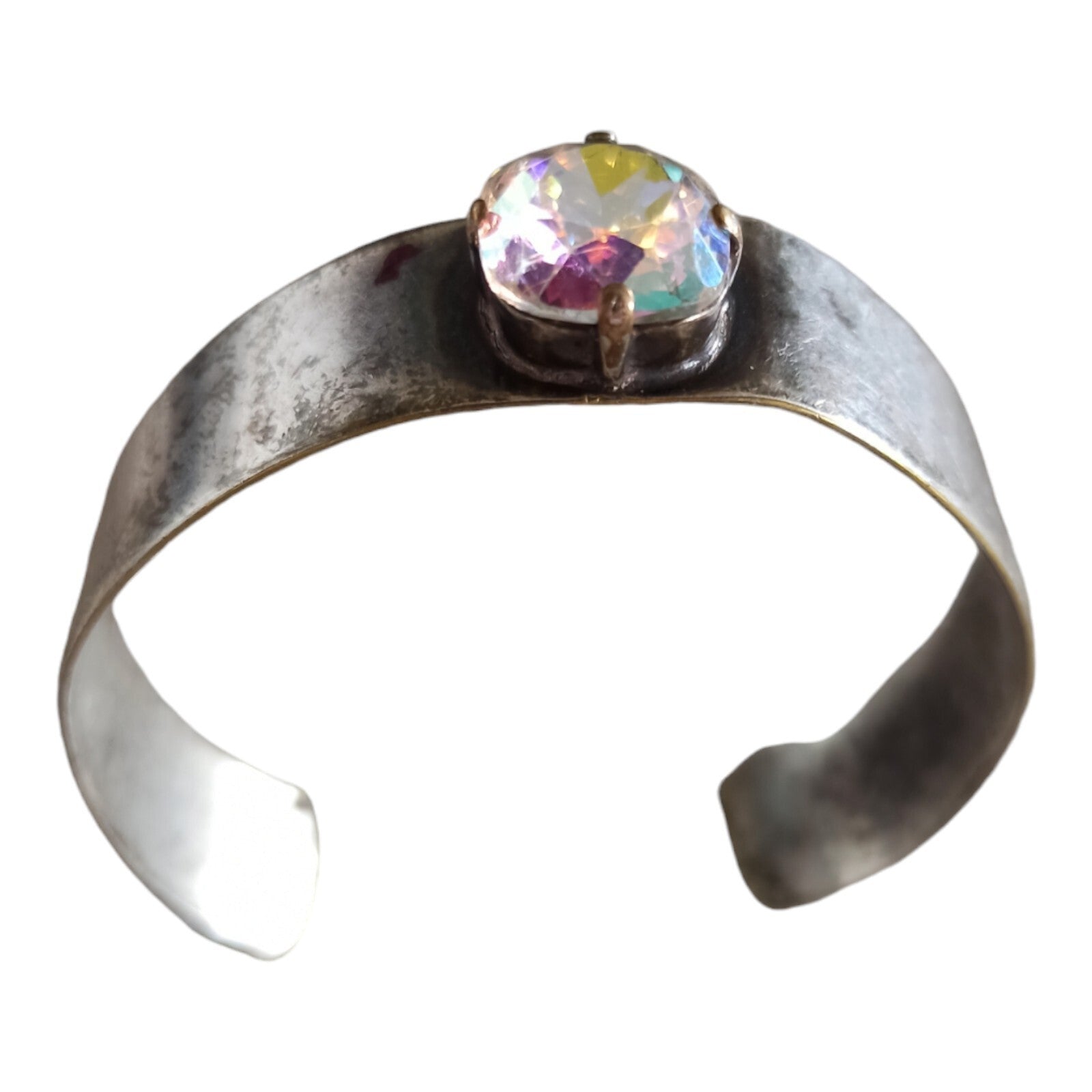 Bracelet manchette vintage aspect argenté cristal irisé ? bijou rétro fantaisie