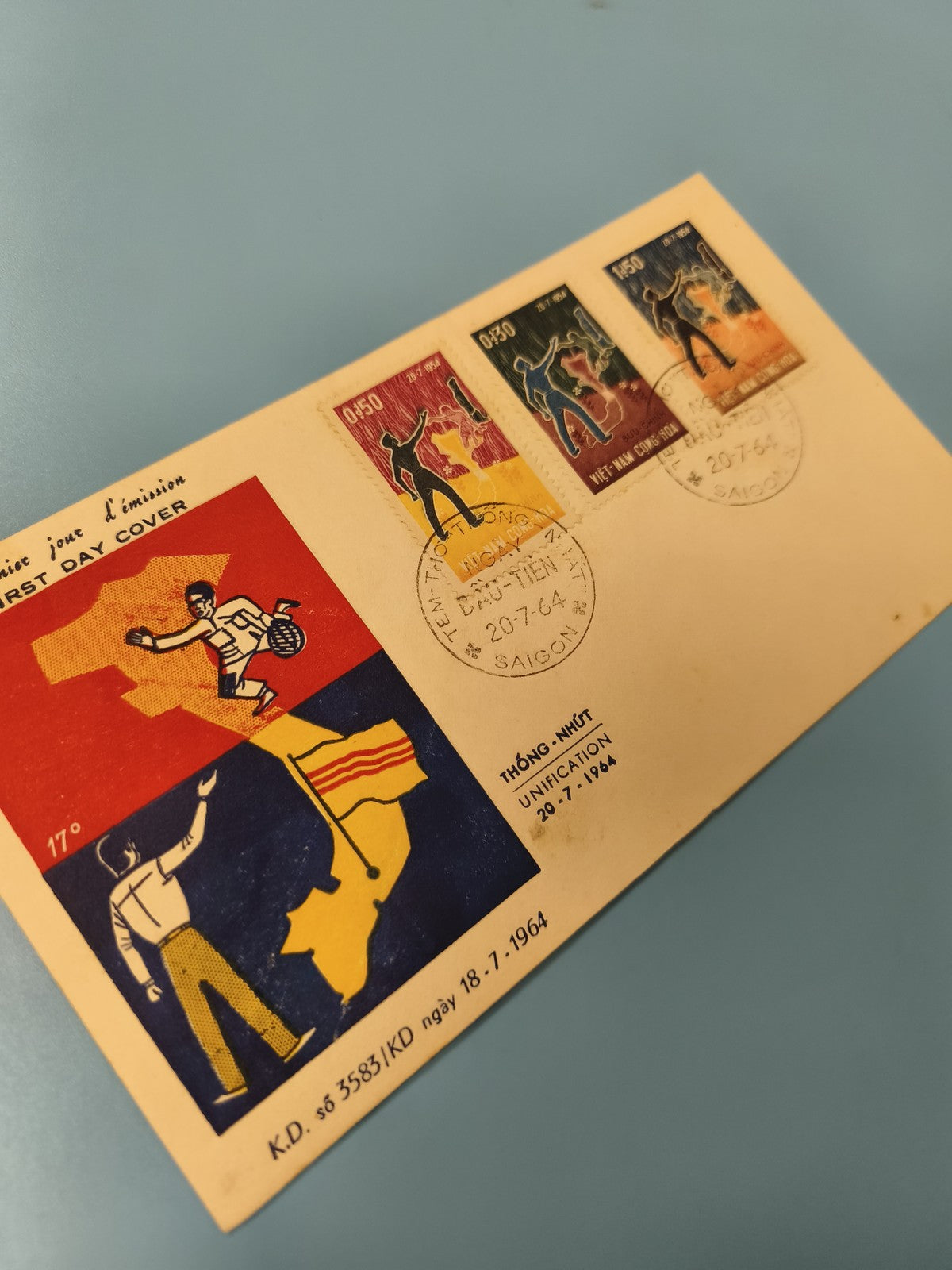 Ancienne enveloppe FDC Vietnam 1964, timbres Unification, illustrée couleur