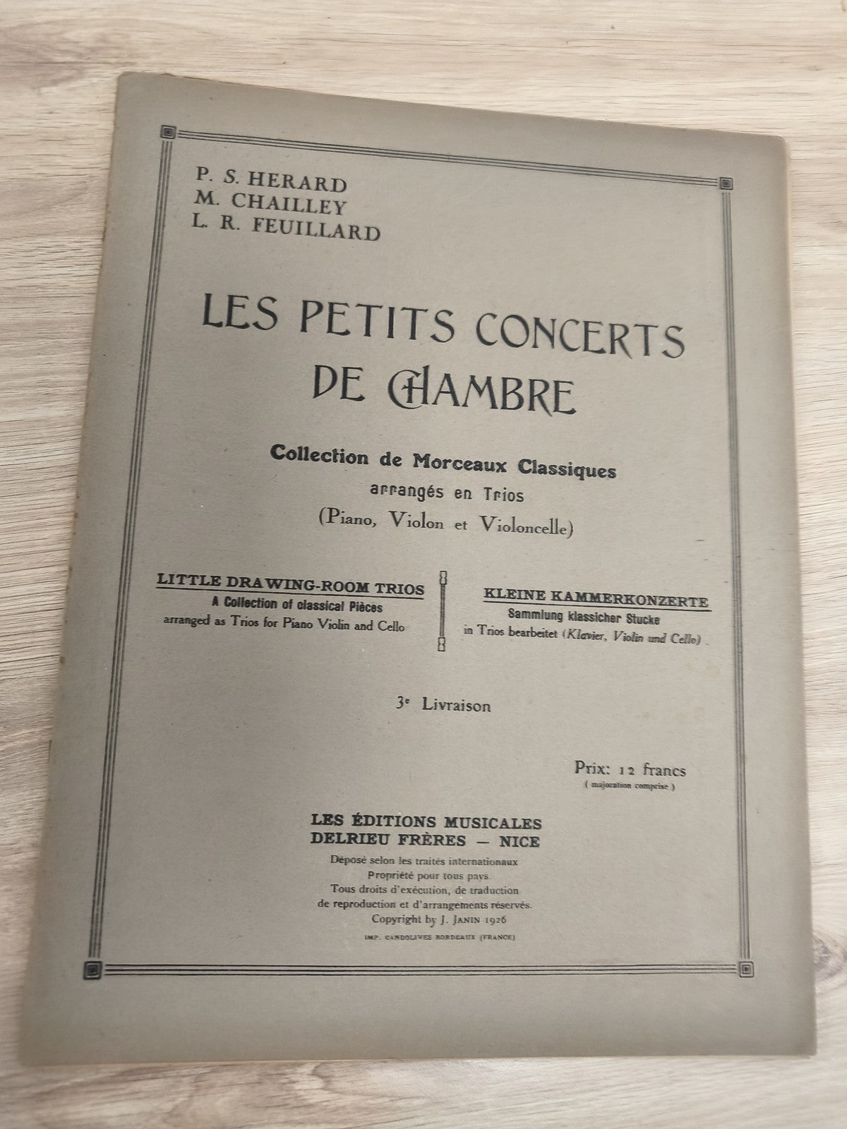 Ancien livre partitions Les Petits Concerts de Chambre violon piano trio 1926