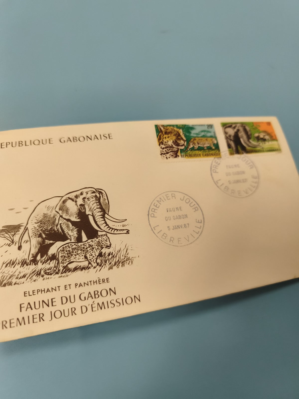 Enveloppe Premier Jour Faune du Gabon éléphant panthère timbre FDC Gabonaise